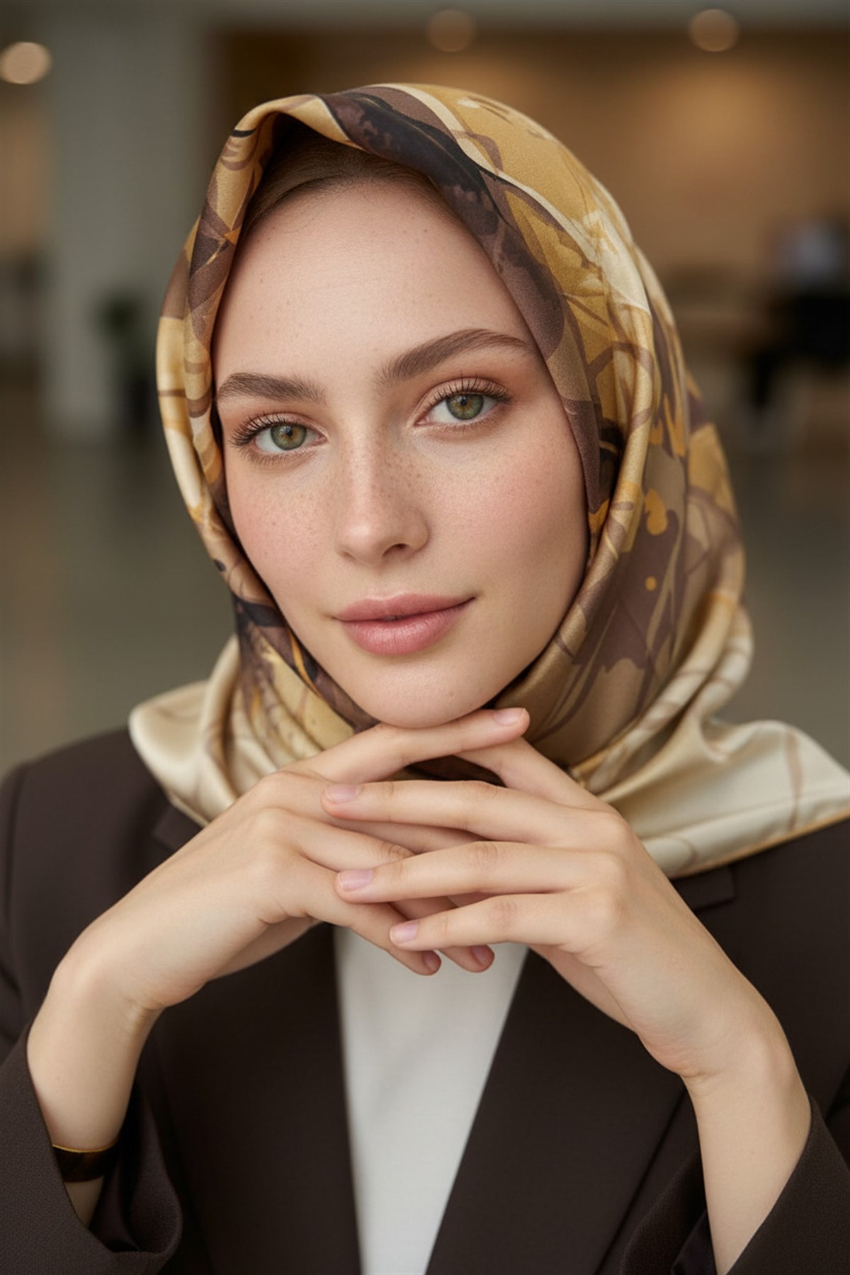 %100 Twill İpek Çiçekli Sulu Boya Dalga Desenli Bej - Hardal Renkli 90x90 Eşarp Dikim Şekli : El Dikişi