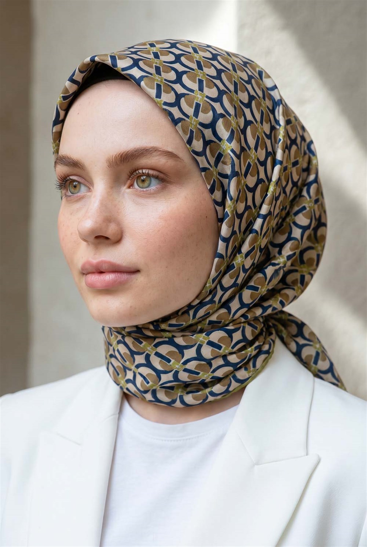 %100 Twill İpek Geometrik Desenli Bej - Fıstık Yeşili Renkli 90x90 Eşarp Dikim Şekli : El Dikişi