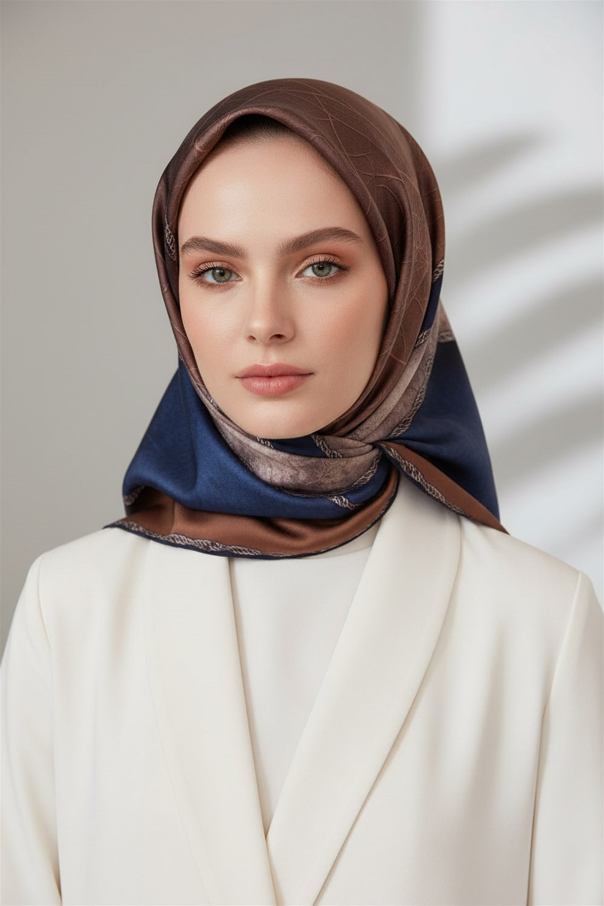 %100 Twill İpek Dokulu Geometrik Desenli Kahverengi - Lacivert Renkli 90x90 Eşarp Dikim Şekli : El Dikişi