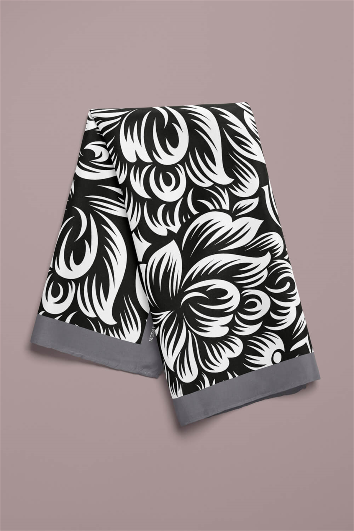 A80 Kadın Çiçek Desenli Bandana 50x50 Siyah Beyaz DG0409-22