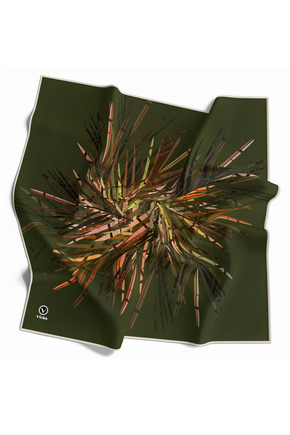 Twill Havai Fişek Desenli Haki Renkli 90x90 Eşarp (İpek İçermez) Kenar Dikiş Şekli El Dikişli
