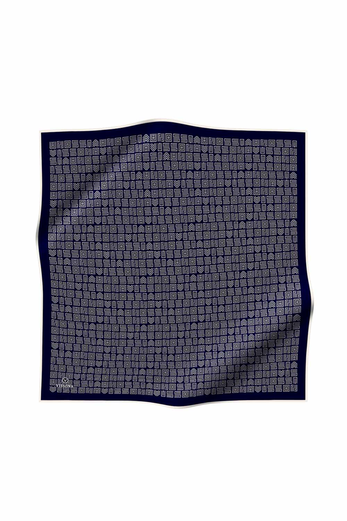 %57 İPEK %43 VİSKON Twill İpek Etnik Motif Desenli Lacivert - Krem Renkli 90x90 Eşarp Dikim Şekli : El Dikişi