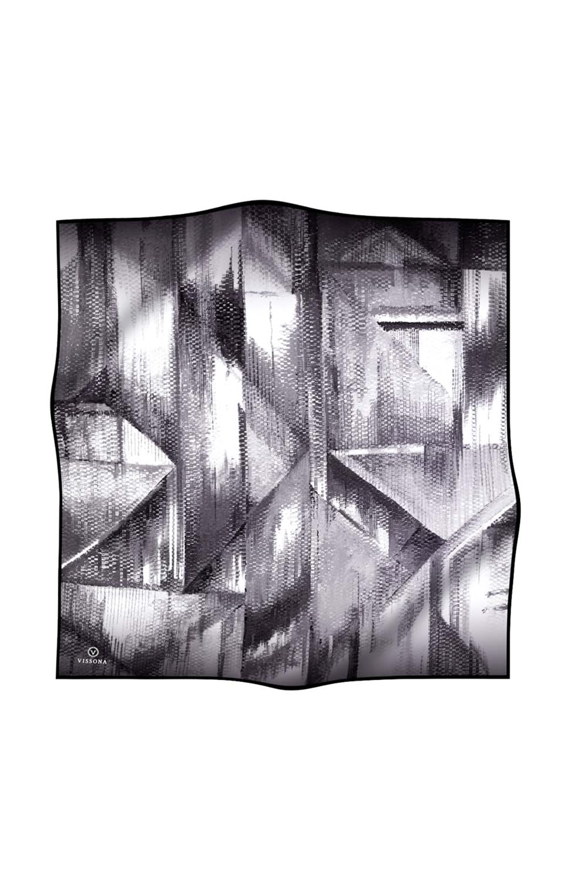 %100 Twill İpek Efektli ve Geometrik Desenli Siyah - Beyaz Renkli 90x90 Eşarp Dikim Şekli : El Dikişi