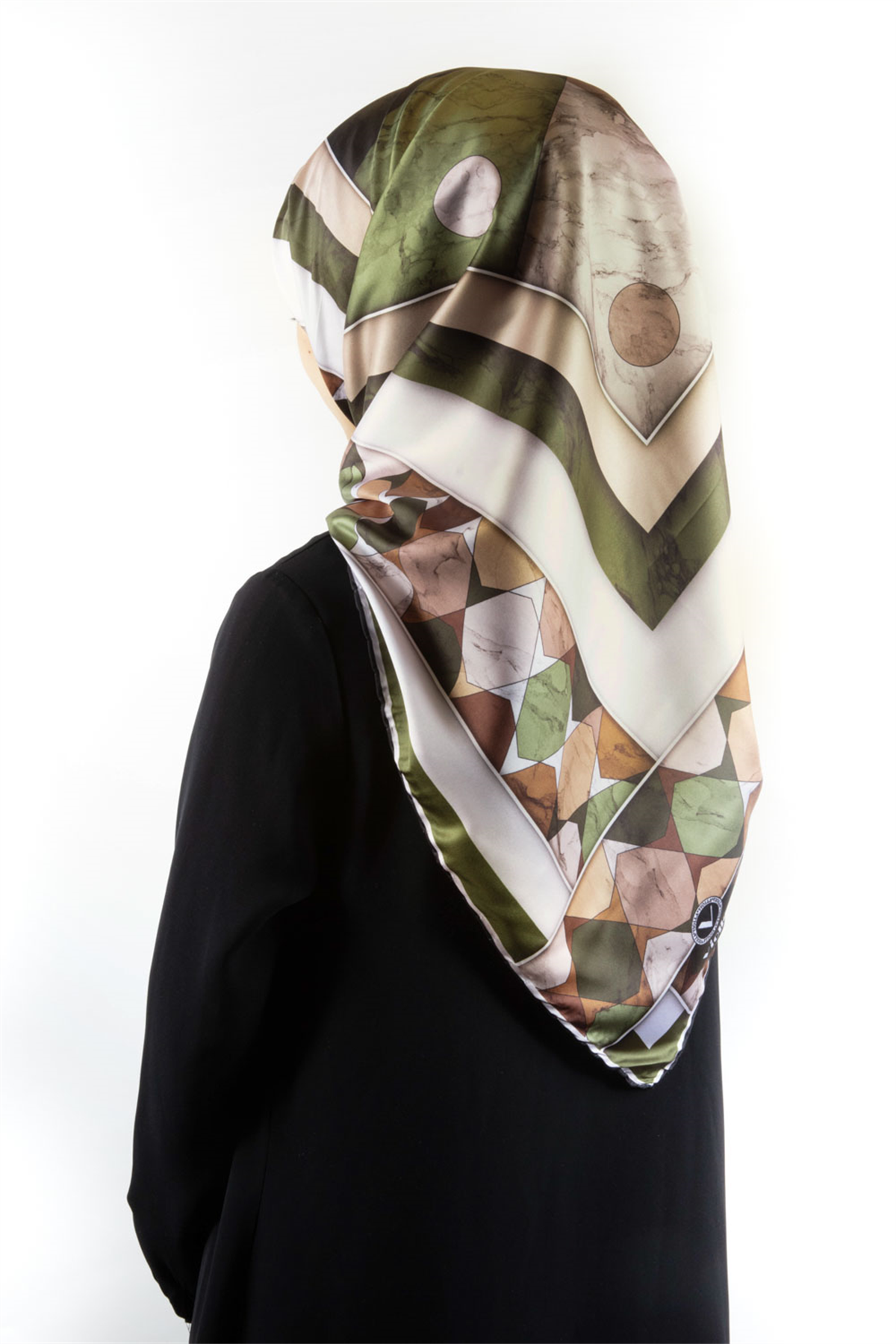 Twill Geometrik Mermer Desenli Haki Renkli 90x90 Eşarp (İpek İçermez) Kenar Dikiş Şekli El Dikişli