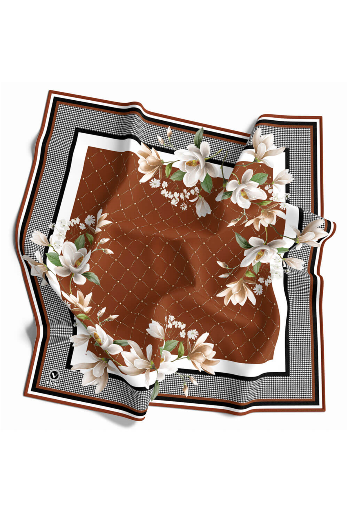 Twill Kazayaklı Ve Büyük Çiçekli Desenli Taba Renkli 90x90 Eşarp (İpek İçermez) Kenar Dikiş Şekli El Dikişli