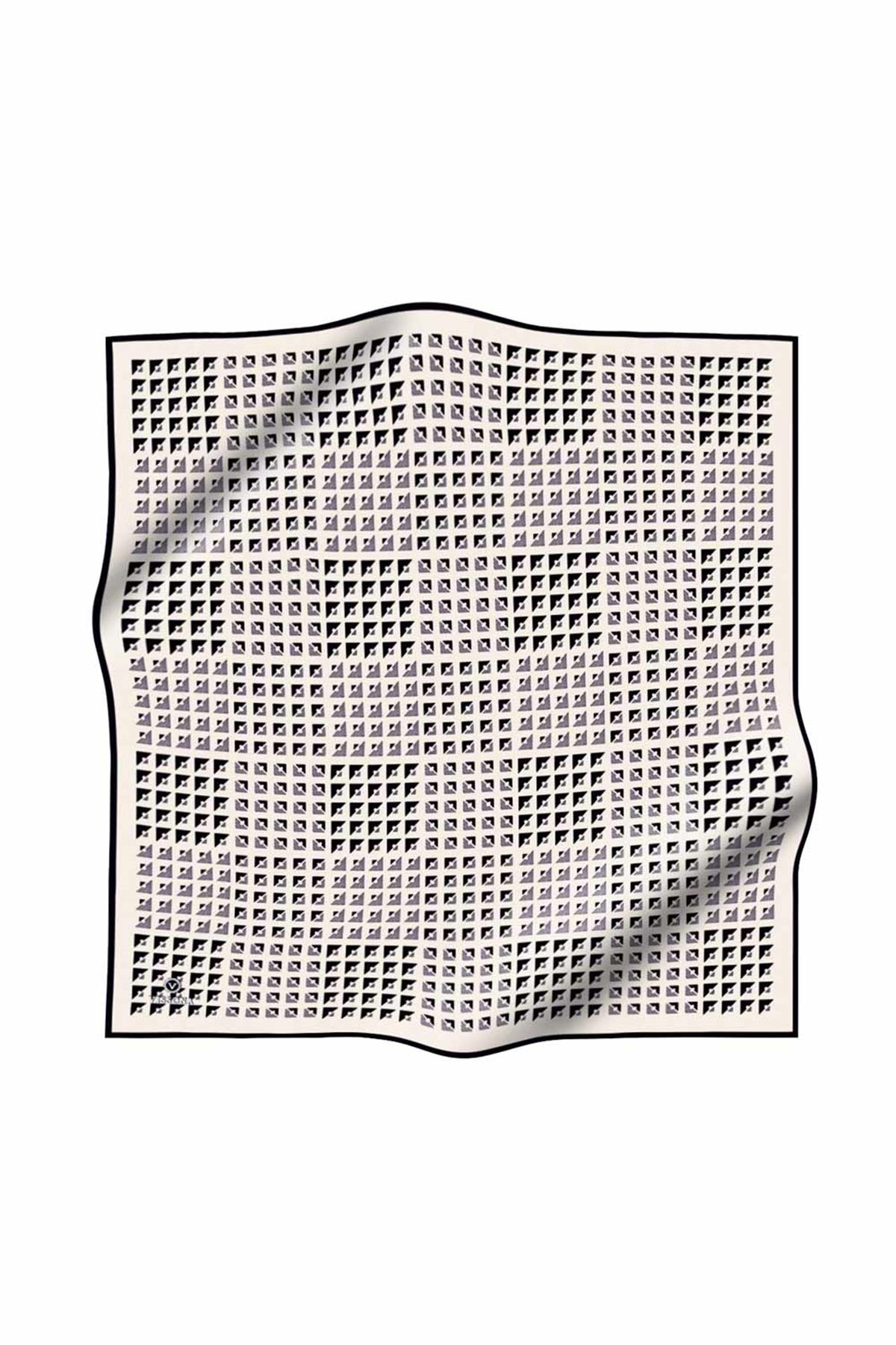 %100 Twill İpek Geometrik Desenli Beyaz - Siyah Renkli 90x90 Eşarp Dikim Şekli : El Dikişi
