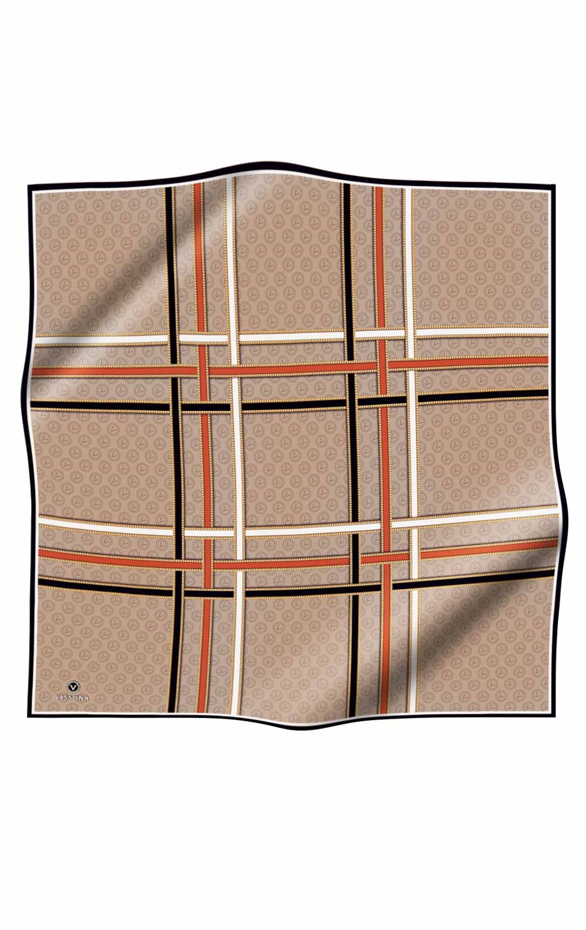 %100 Twill İpek Gold Şeritli Monogram Desenli Bej - Taba Renkli 90x90 Eşarp Dikim Şekli : El Dikişi