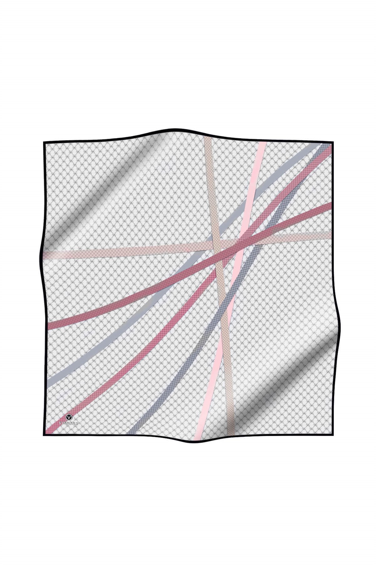 %100 Twill İpek Monogram Ve Şerit Desenli Pembe - Gri Renkli 90x90 Eşarp Dikim Şekli : El Dikişi