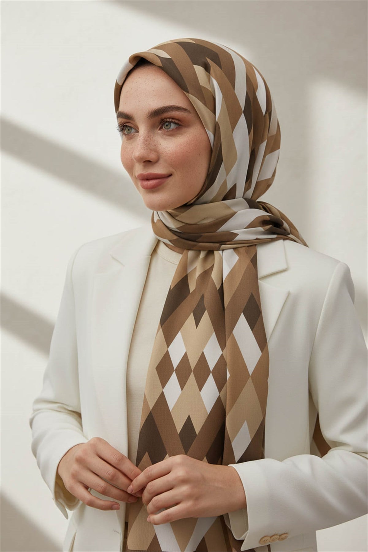KREP GEOMETRİK DESENLİ HARDAL RENKLİ 75X195 KIRIŞMAZ ŞAL