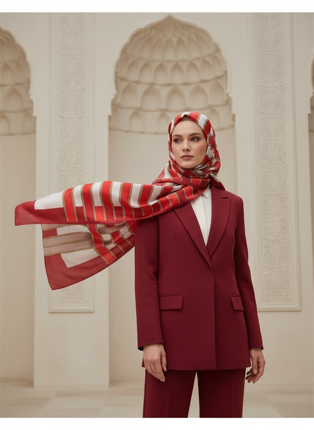 100% İPEK KEMER DESENLİ KIRMIZI - VİZON RENKLİ ŞAL