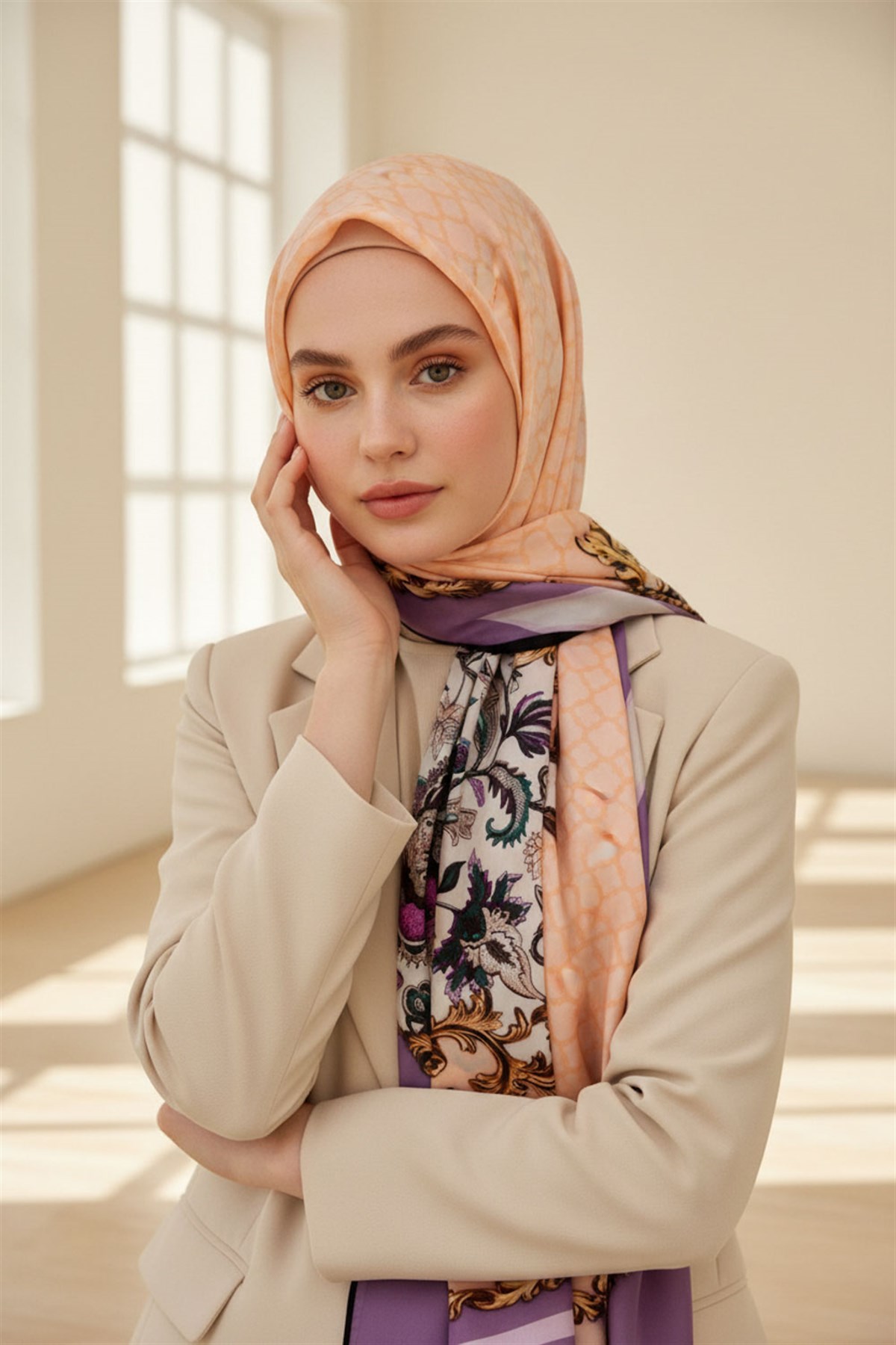 %100 Saf İpek Şal İnce Saten Vual Dokuma Dokuma Çiçek Desenli Mor - Somon Renkli 90x210 Şal