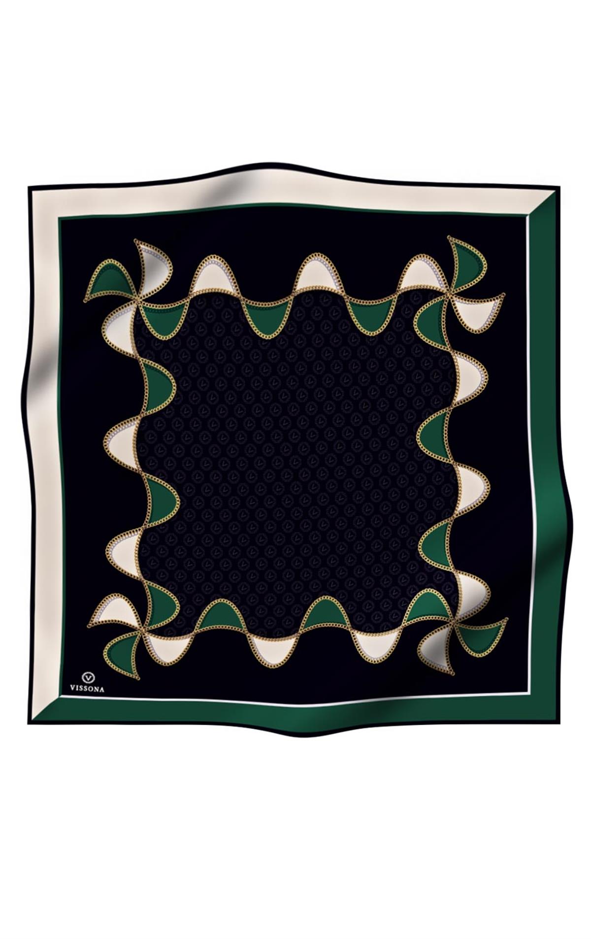 %100 Twill İpek Zincirli Ve Monogram Desenli Siyah - Zümrüt Yeşili Renkli 90x90 Eşarp Dikim Şekli : El Dikişi