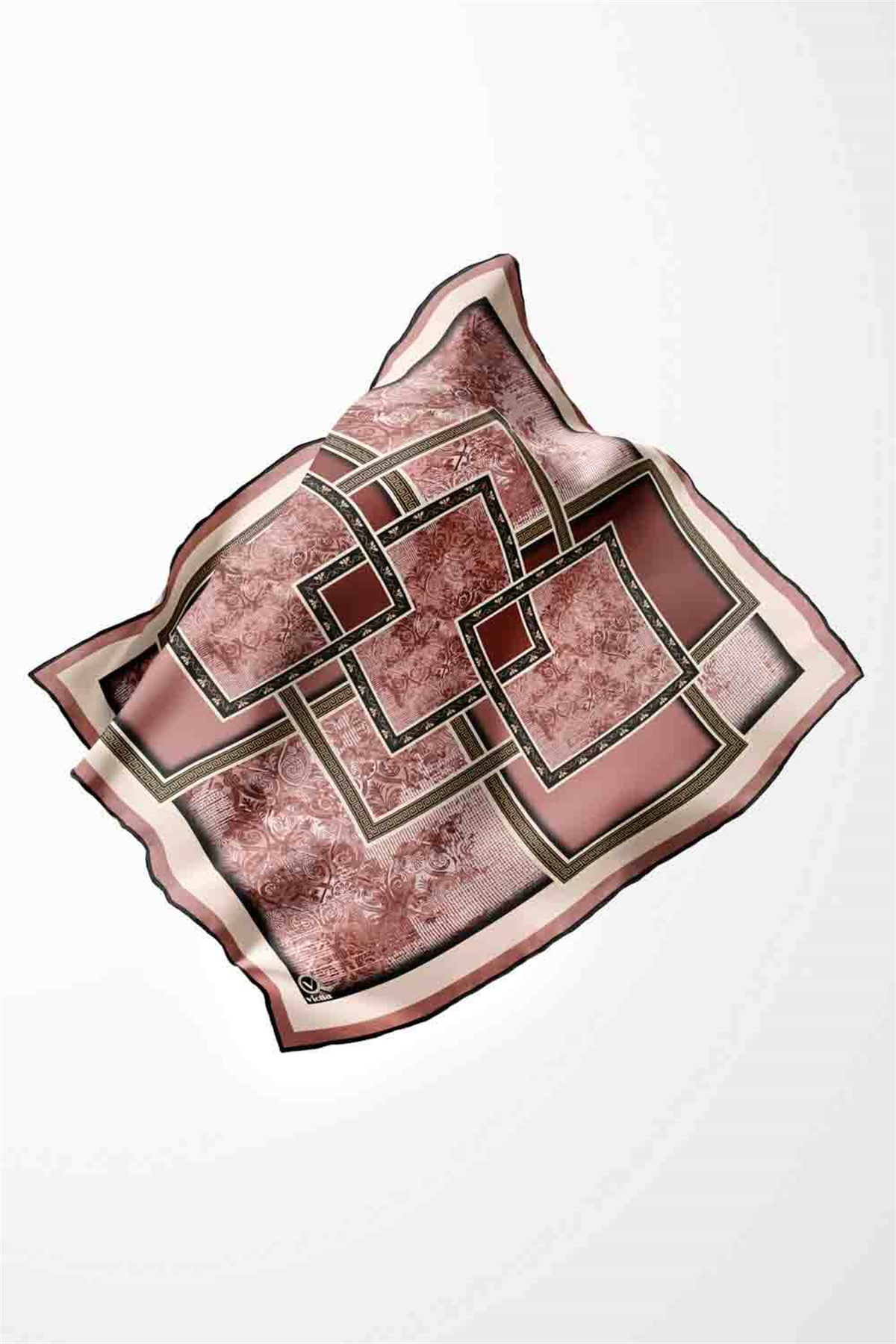 Twill Geometrik Desenli Pudra Renkli 90x90 Eşarp (İpek İçermez) Kenar Dikiş Şekli El Dikişli
