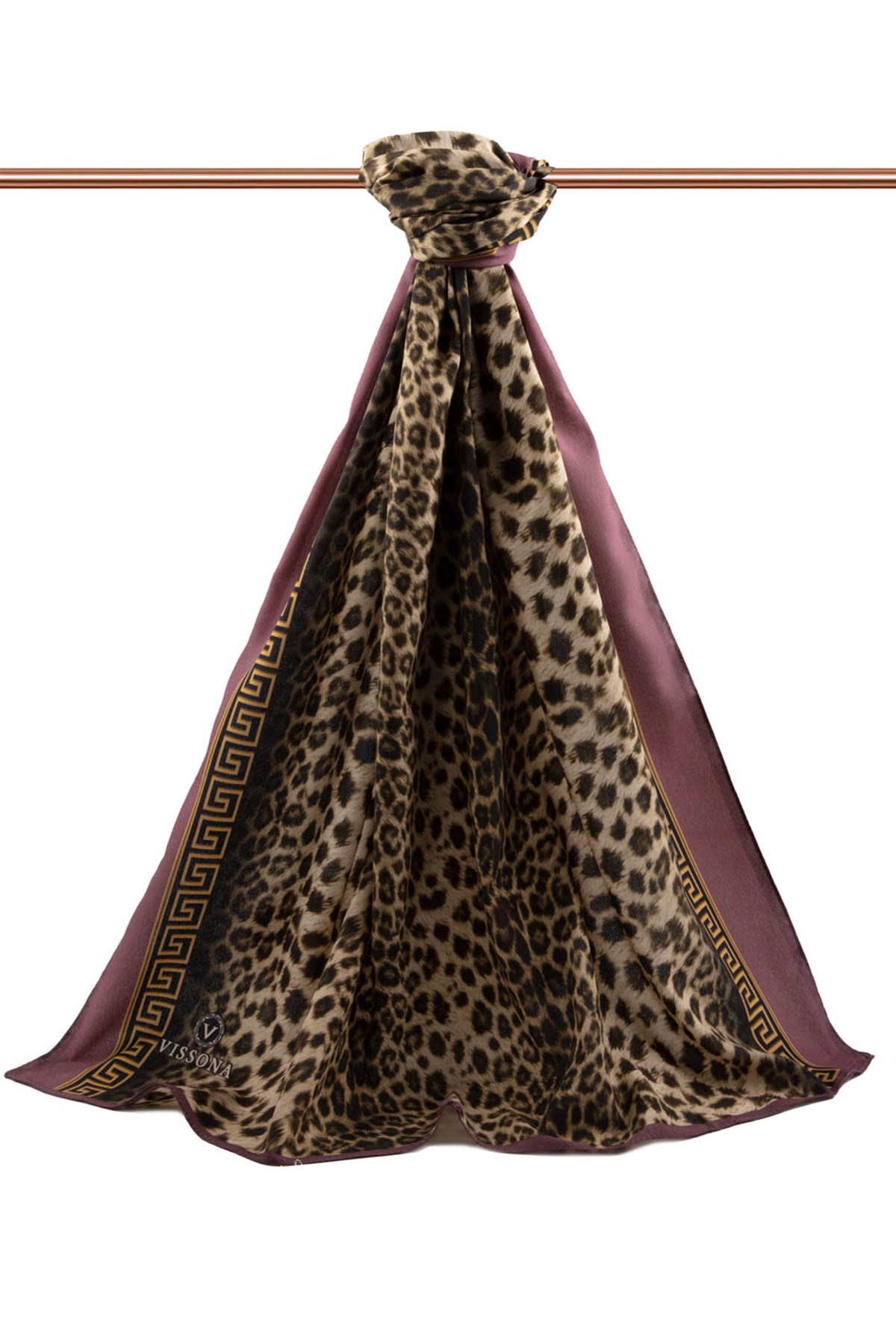 LÜKS MEDİNE BAROK BARDÜRLÜ LEOPAR DESENLİ BEJ - GÜL KURUSU RENKLİ 75X195 KIRIŞMAZ ŞAL MOSS KREP DİKİŞ TİPİ İTALYAN DİKİŞLİ