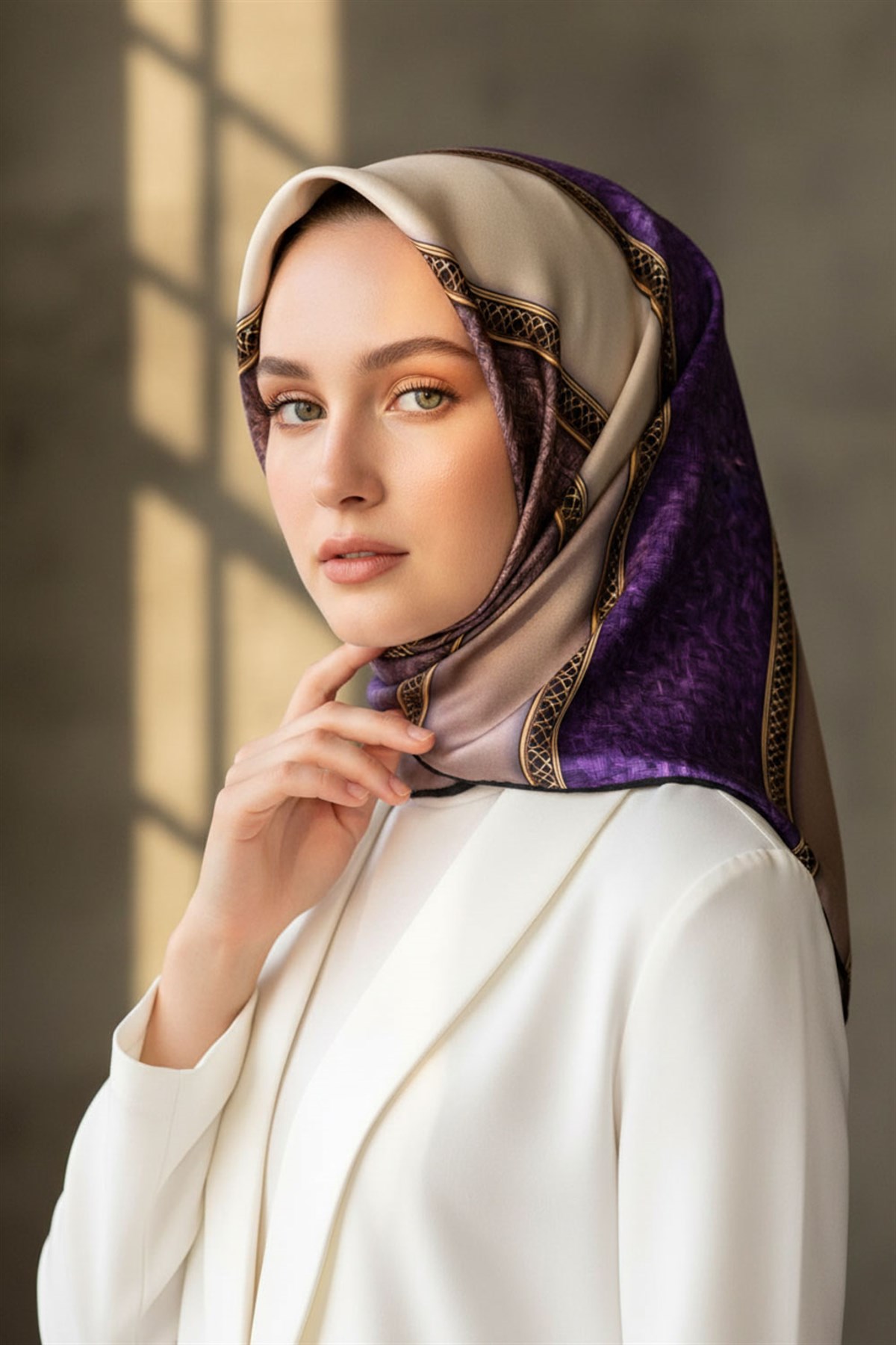 %100 Twill İpek Dokulu Ve Şerit Desenli Mor - Somon Renkli 90x90 Eşarp Dikim Şekli : El Dikişi