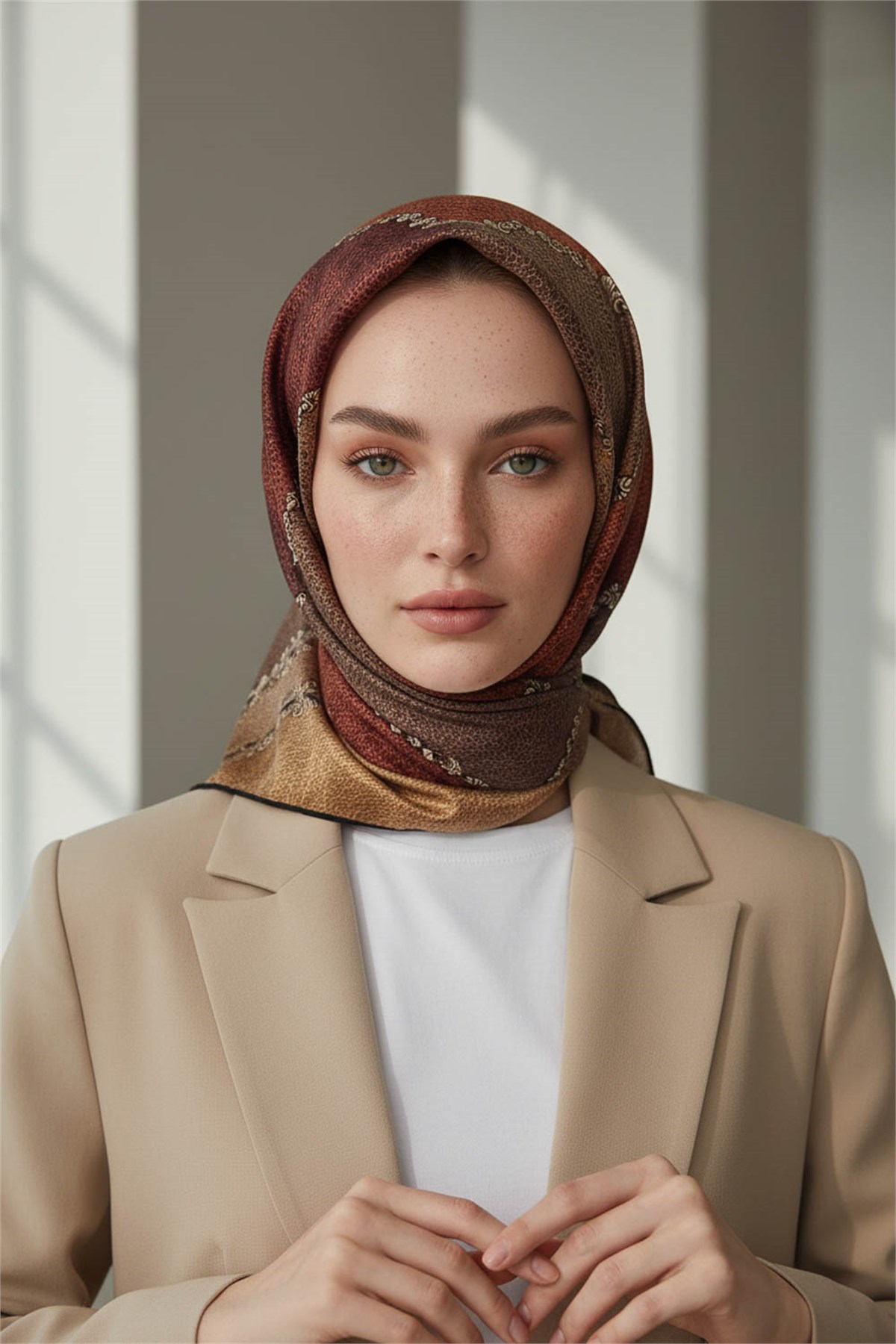 %100 Twill İpek Geometrik Desenli Taba - Hardal Renkli 90x90 Eşarp Dikim Şekli : El Dikişi