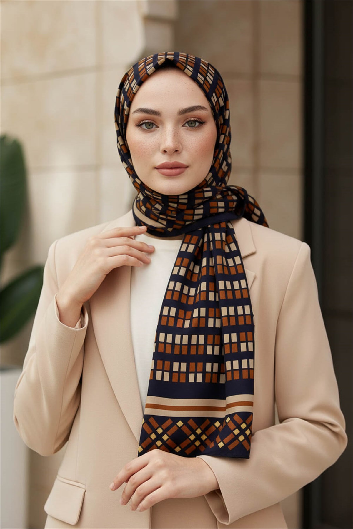 KREP KARE DESENLİ TABA RENKLİ 75X195 KIRIŞMAZ ŞAL