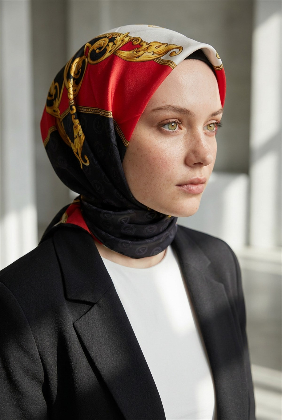 %100 Twill İpek Monogram Ve Barok Desenli Siyah - Kırmızı Renkli 90x90 Eşarp Dikim Şekli : El Dikişi