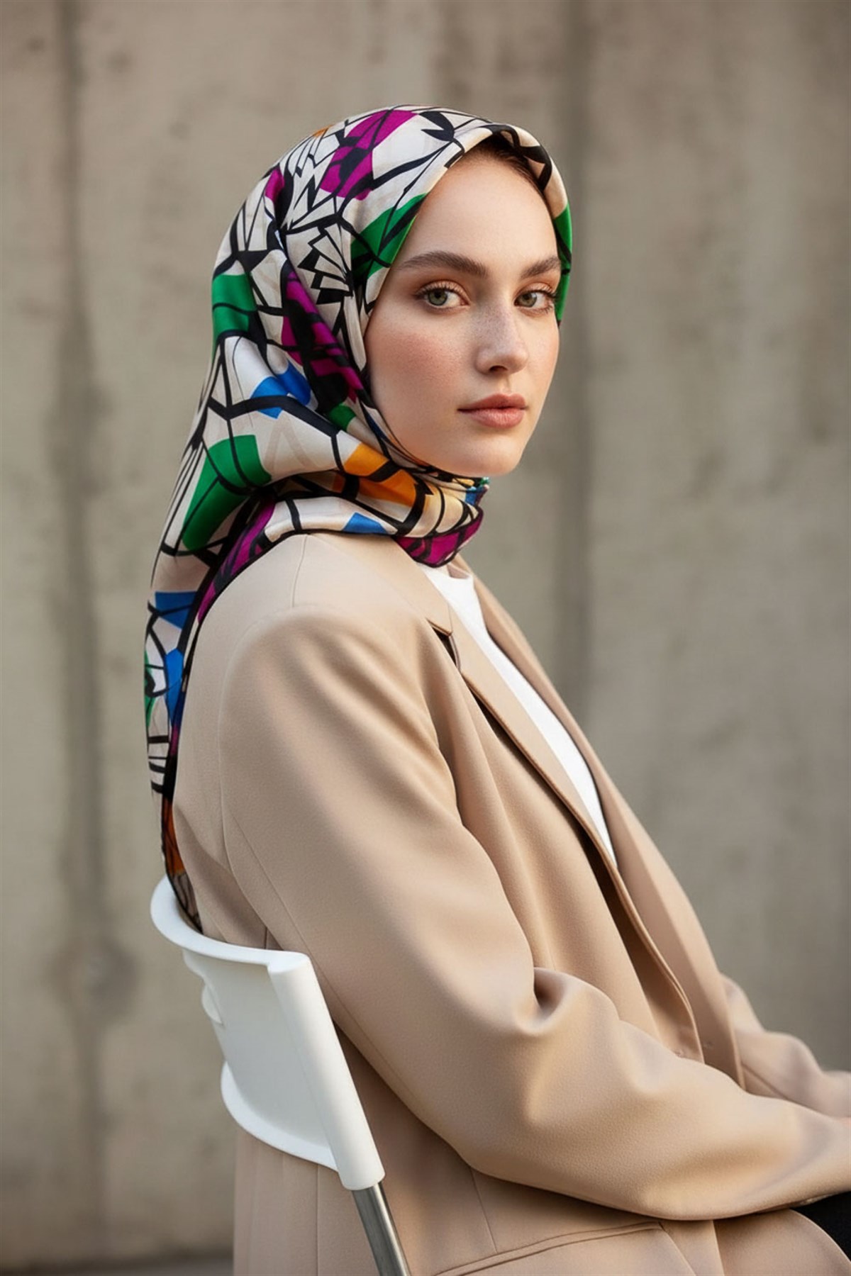 %100 Twill Renkli Petek Desenli Fuşya - Benetton Yeşili Renkli 90x90 Eşarp Dikim Şekli: El Dikişii