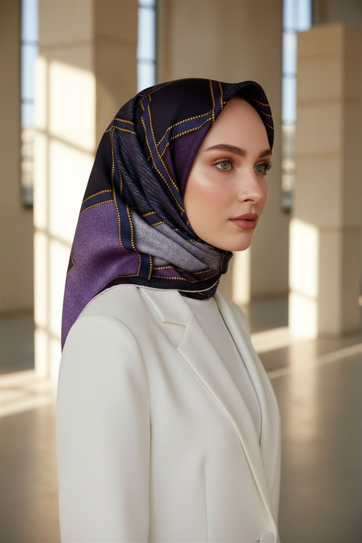 100% Twill İpek Gold Detaylı Kare Desenli Lacivert - Mürdüm Renkli 90x90 Dikim Şekli : El Dikişi