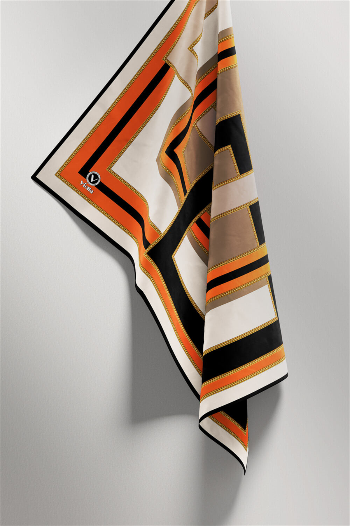 Twill Çerçeve Desenli Siyah - Taba Renkli 90x90 Eşarp (İpek İçermez) Kenar Dikiş Şekli El Dikişli