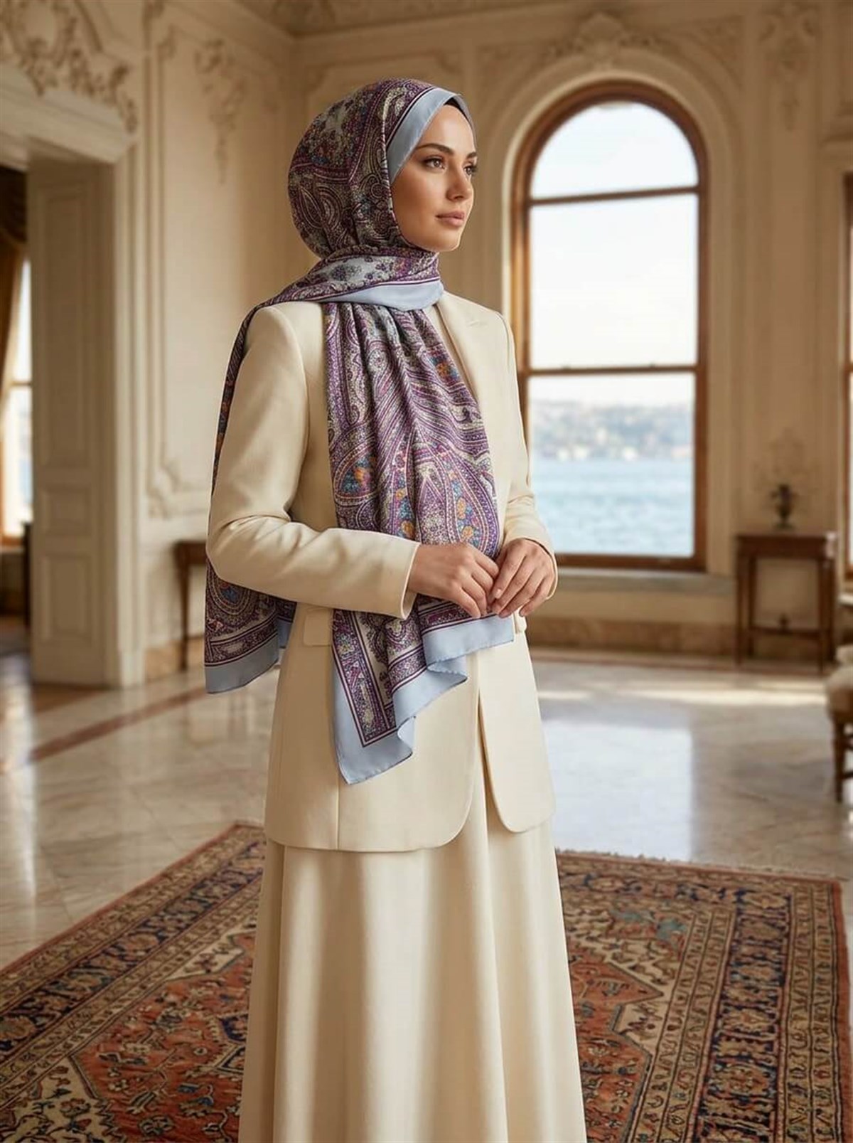 %100 İpek Etro Desenli Bebe Mavisi Renkli 92x210 Şal