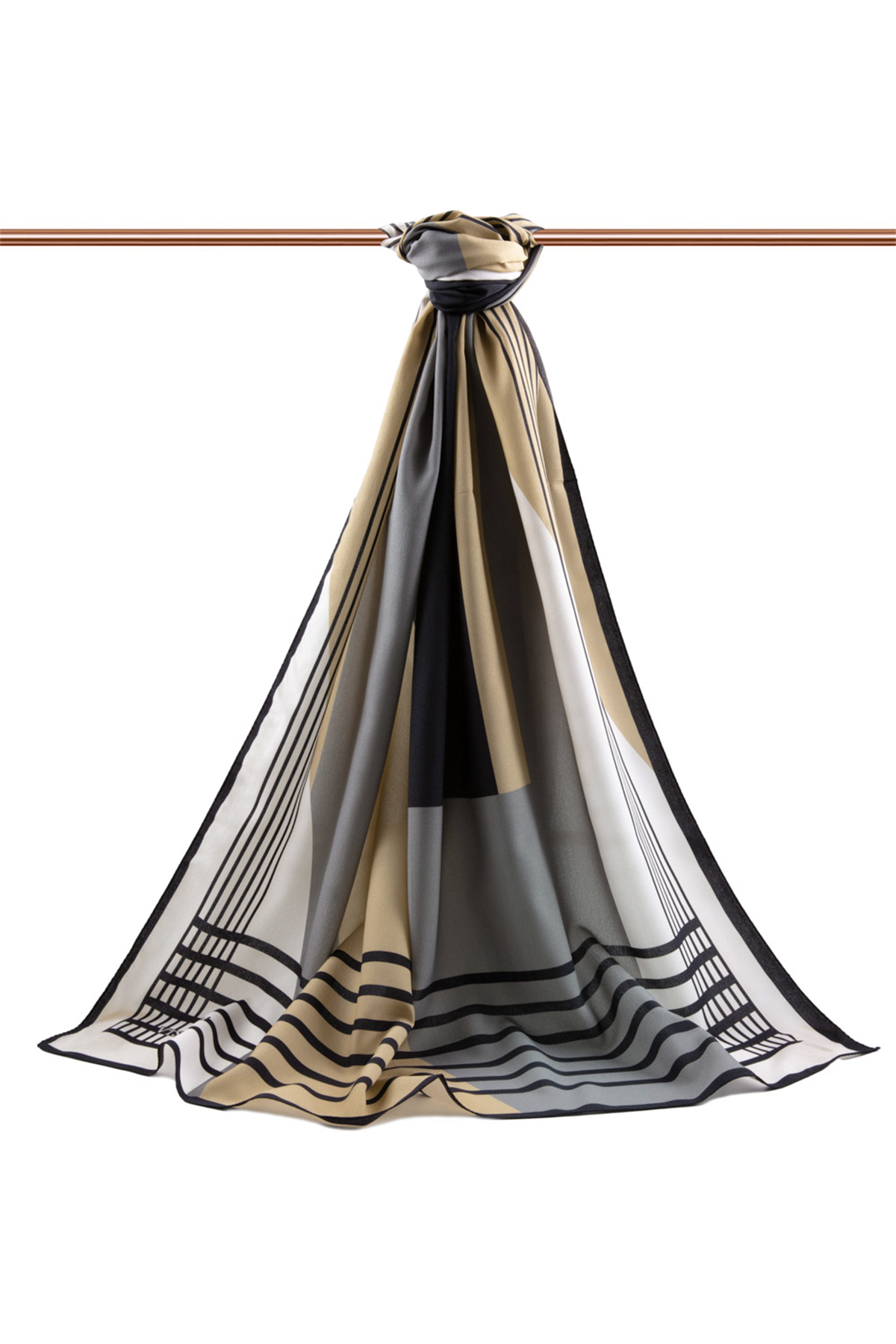 LÜKS MEDİNE İPEĞİ GEOMETRİK DESENLİ GRİ - BEJ RENKLİ 75X195 KIRIŞMAZ ŞAL MOSS KREP DİKİŞ TİPİ İTALYAN DİKİŞLİ