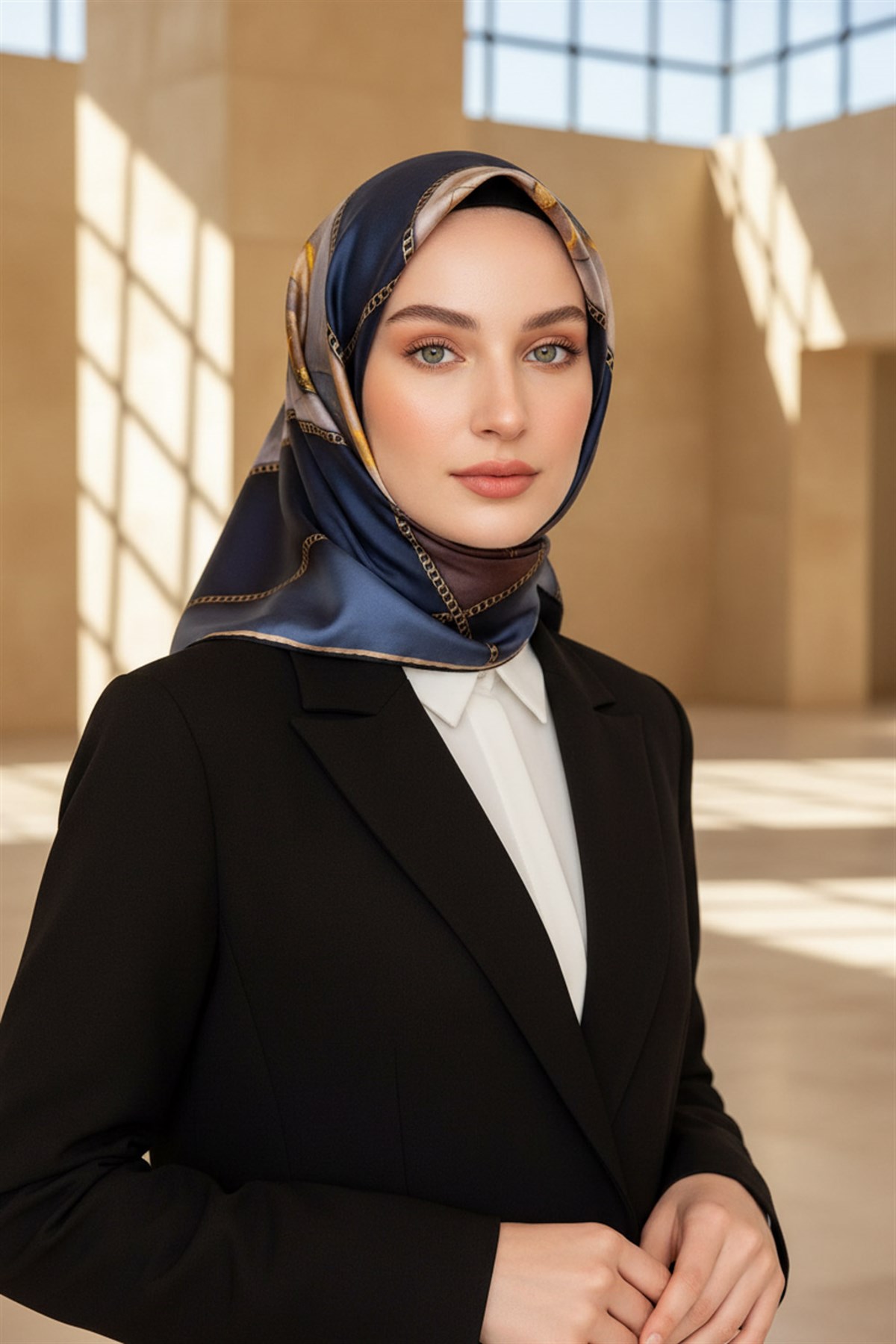 % 57 İPEK % 43 VİSKON Twill İpek Efektli Bant Desenli İndigo - Lacivert Renkli 90x90 Eşarp Dikim Şekli : El Dikişi