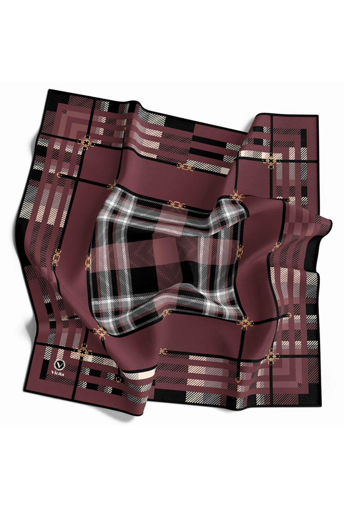Twill Kemerli ve Ekose Desenli Gül Kurusu Renkli 90x90 Eşarp (İpek İçermez)Kenar Dikiş Şekli El Dikişli