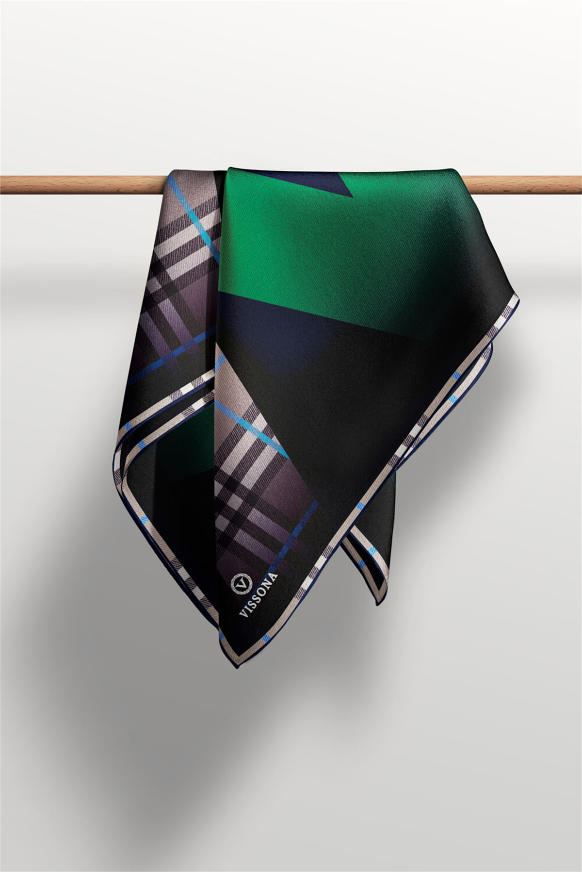 % 57 İPEK % 43 VİSKON Twill İpek Ekose Desenli Zümrüt Yeşili - Lacivert Renkli 90x90 Eşarp Dikim Şekli : El Dikişi