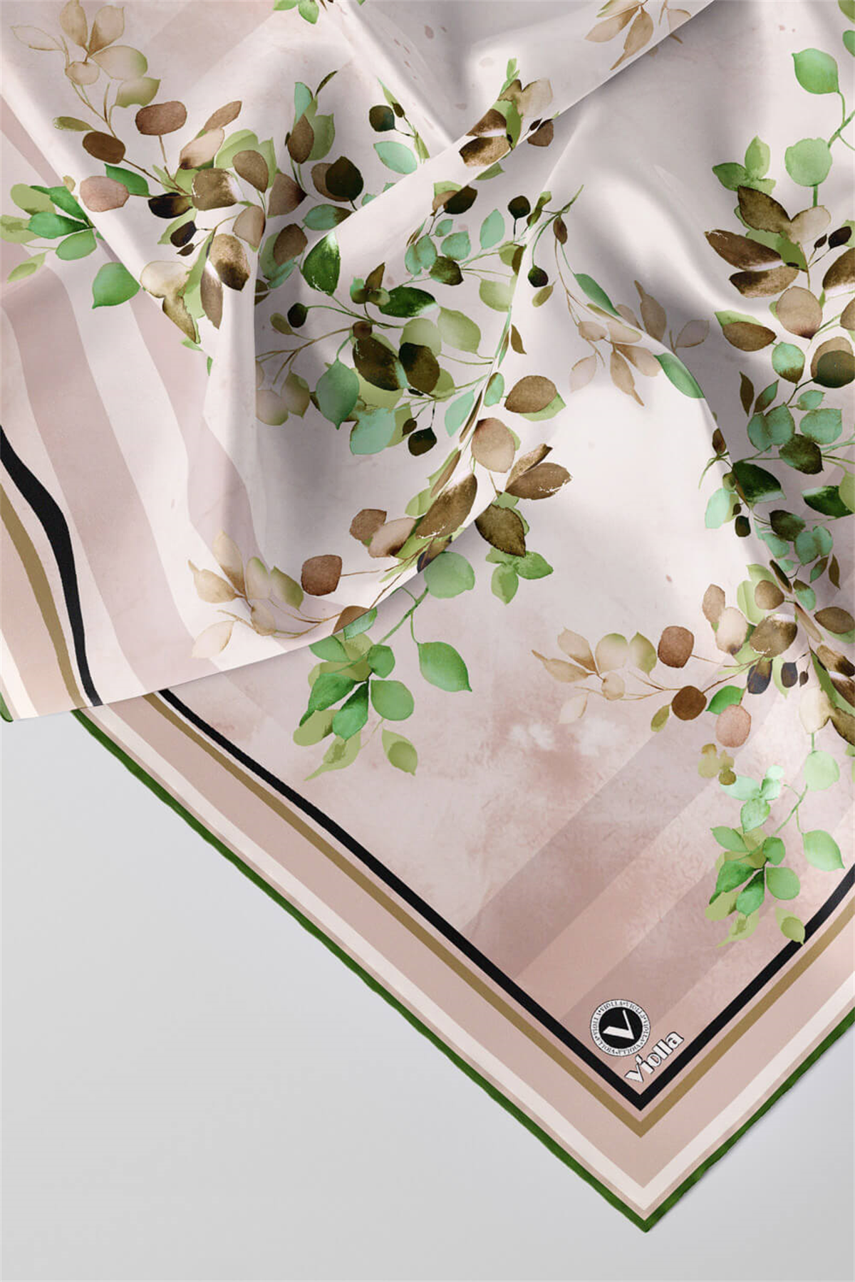 Twill Çiçek Desenli Haki Yeşili Renkli 90x90 Eşarp (İpek İçermez) Kenar Dikiş Şekli El Dikişli