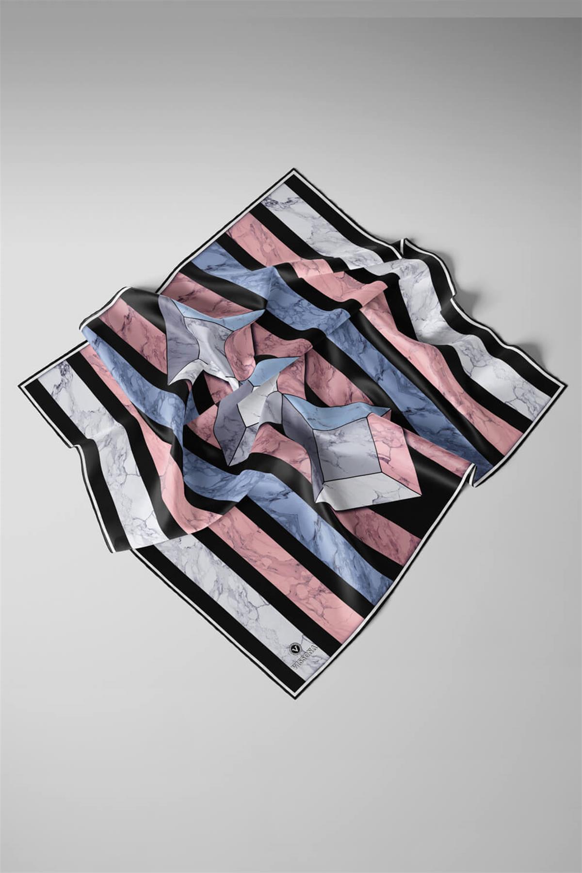 %100 Twill İpek Geometrik Mermer Desenli Pudra - Siyah Renkli 90x90 Eşarp Dikim Şekli : El Dikişi