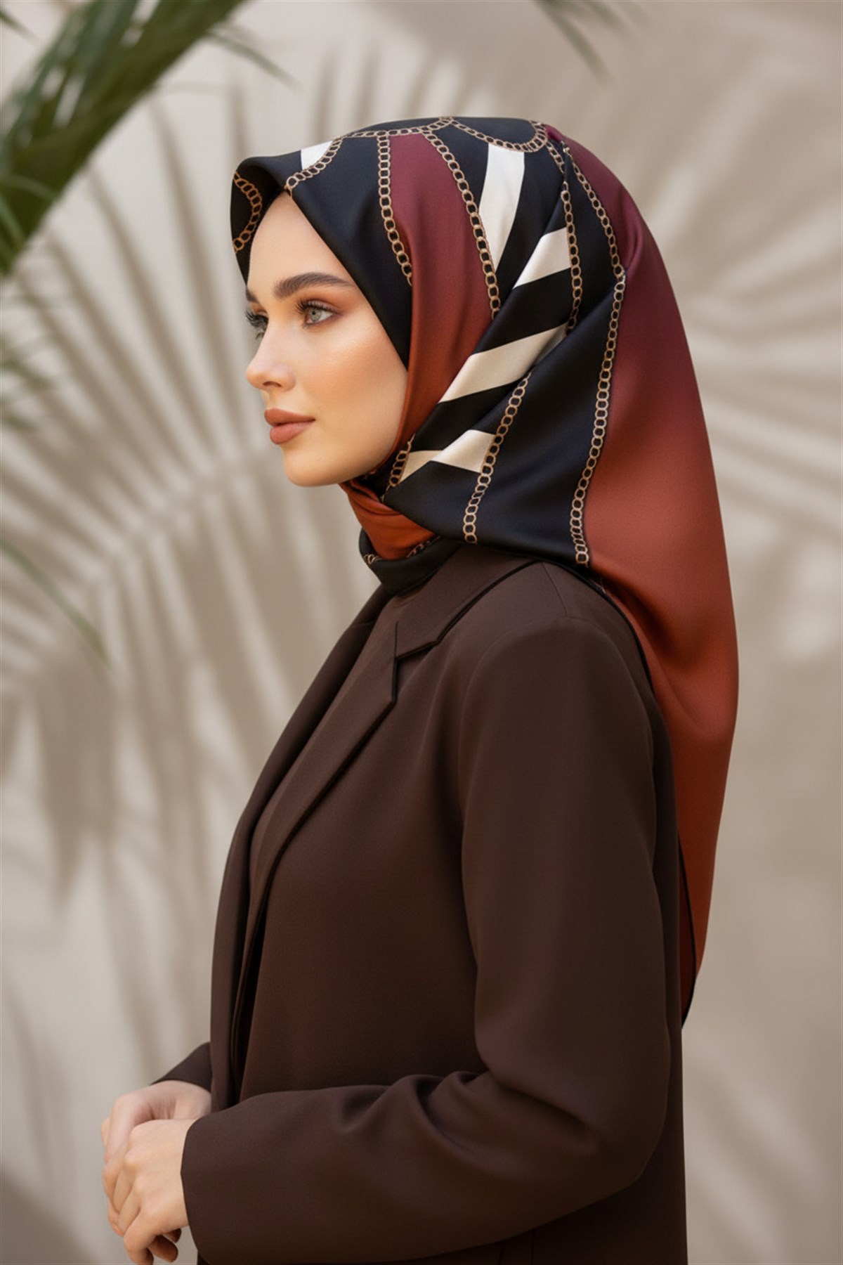 %100 Twill İpek Zincirli Çizgi Desenli Taba - Siyah Renkli 90x90 Eşarp Dikim Şekli : El Dikişi