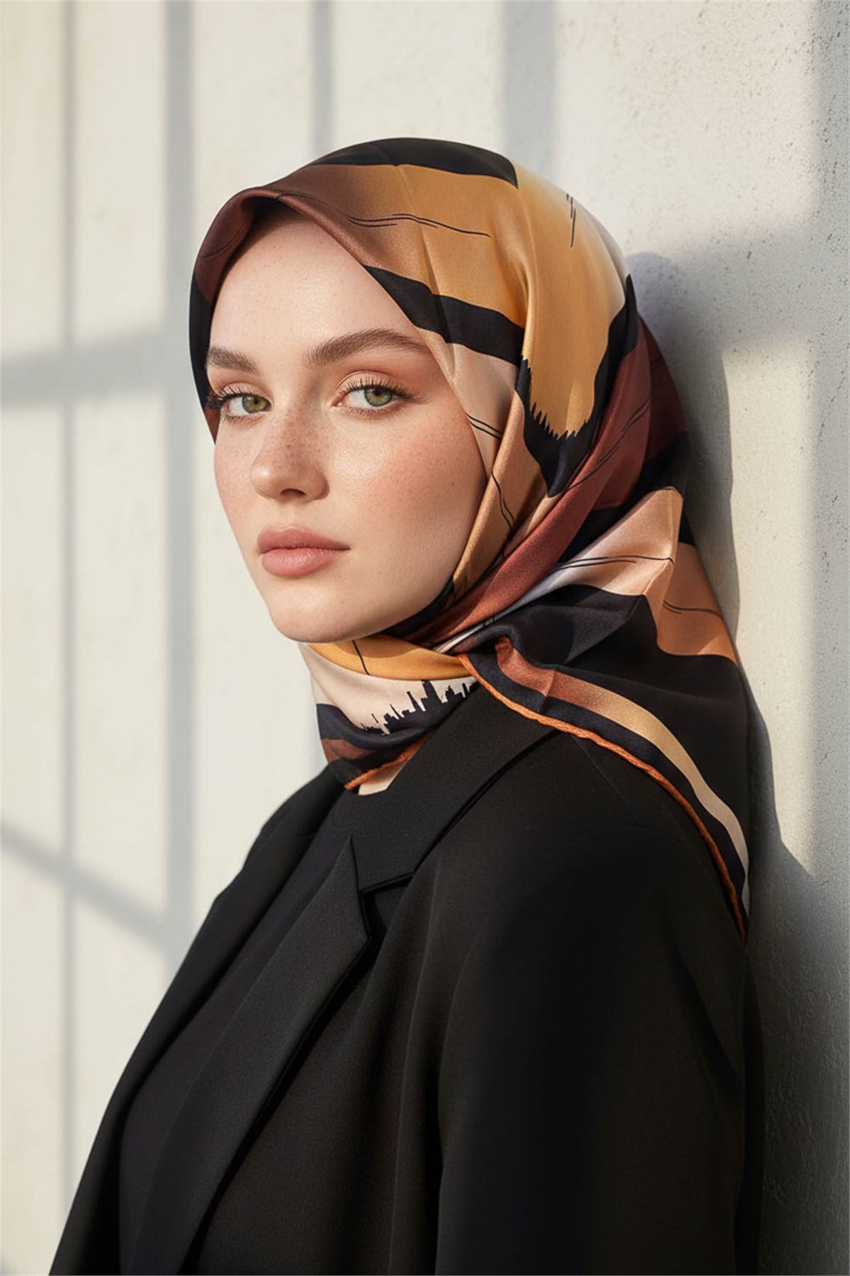 %100 Twill İpek Geometrik Fırça İzi Desenli Siyah - Taba Renkli 90x90 Eşarp Dikim Şekli : El Dikişi
