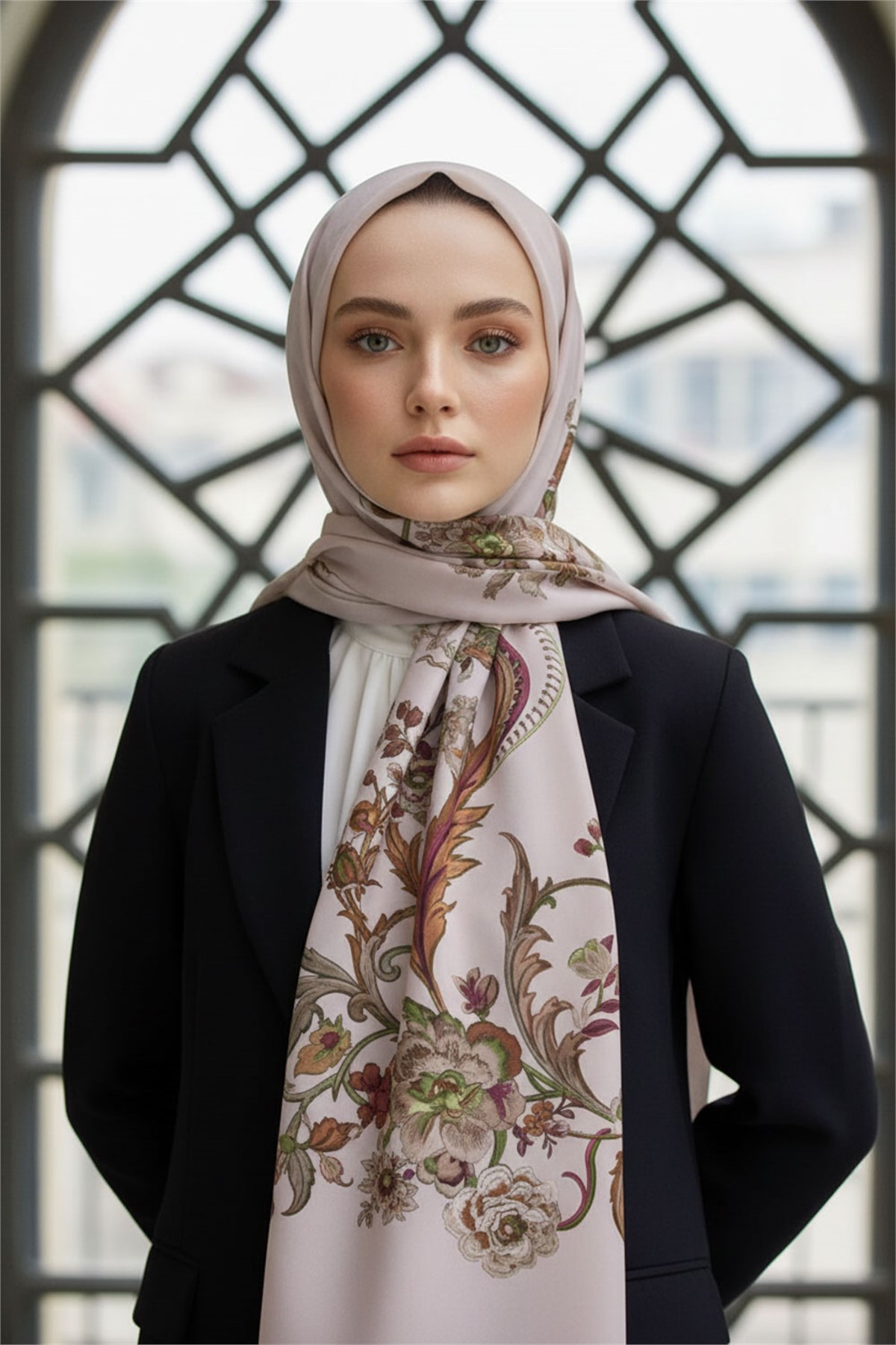 KREP NAKIŞ ÇİÇEK DESENLİ BEJ RENKLİ 75X195 KIRIŞMAZ ŞAL