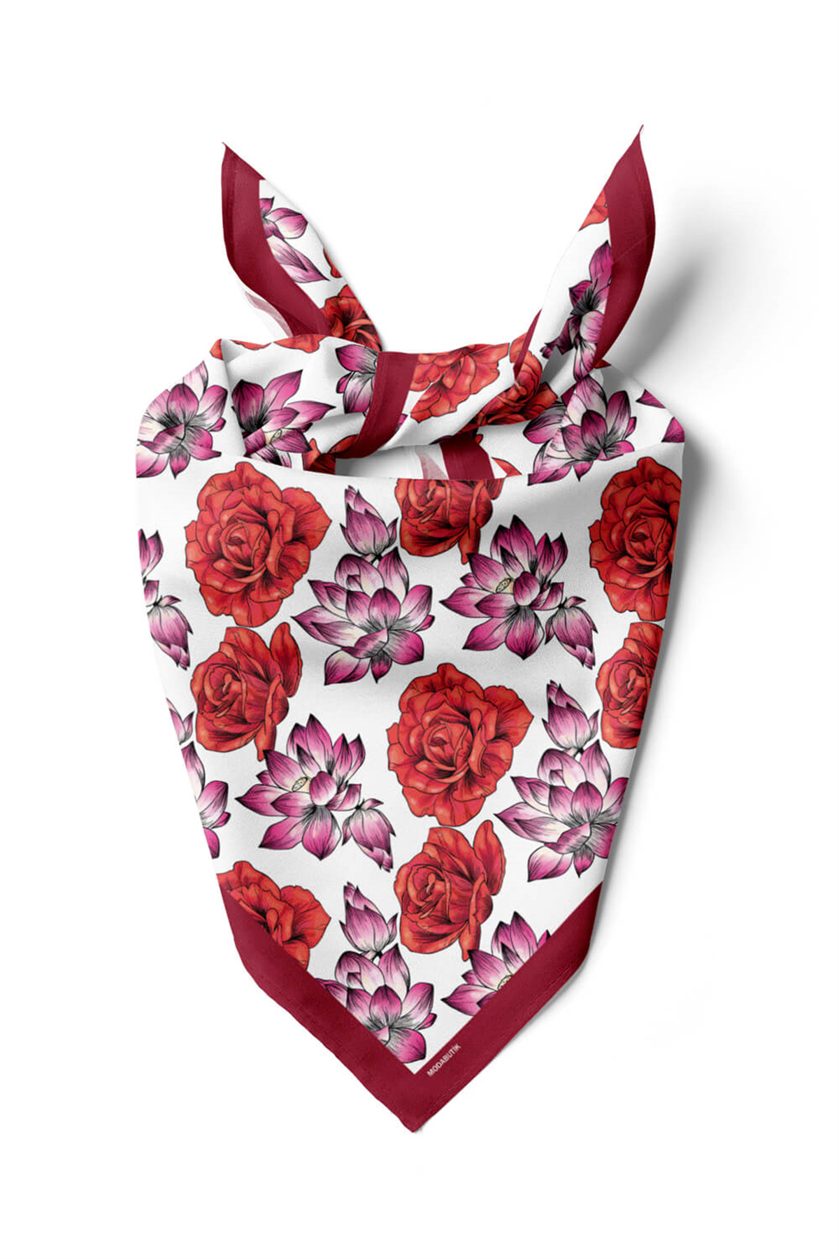 Y57 Kadın Çiçek Desenli Bandana 50x50 Kırmızı DG0139-2