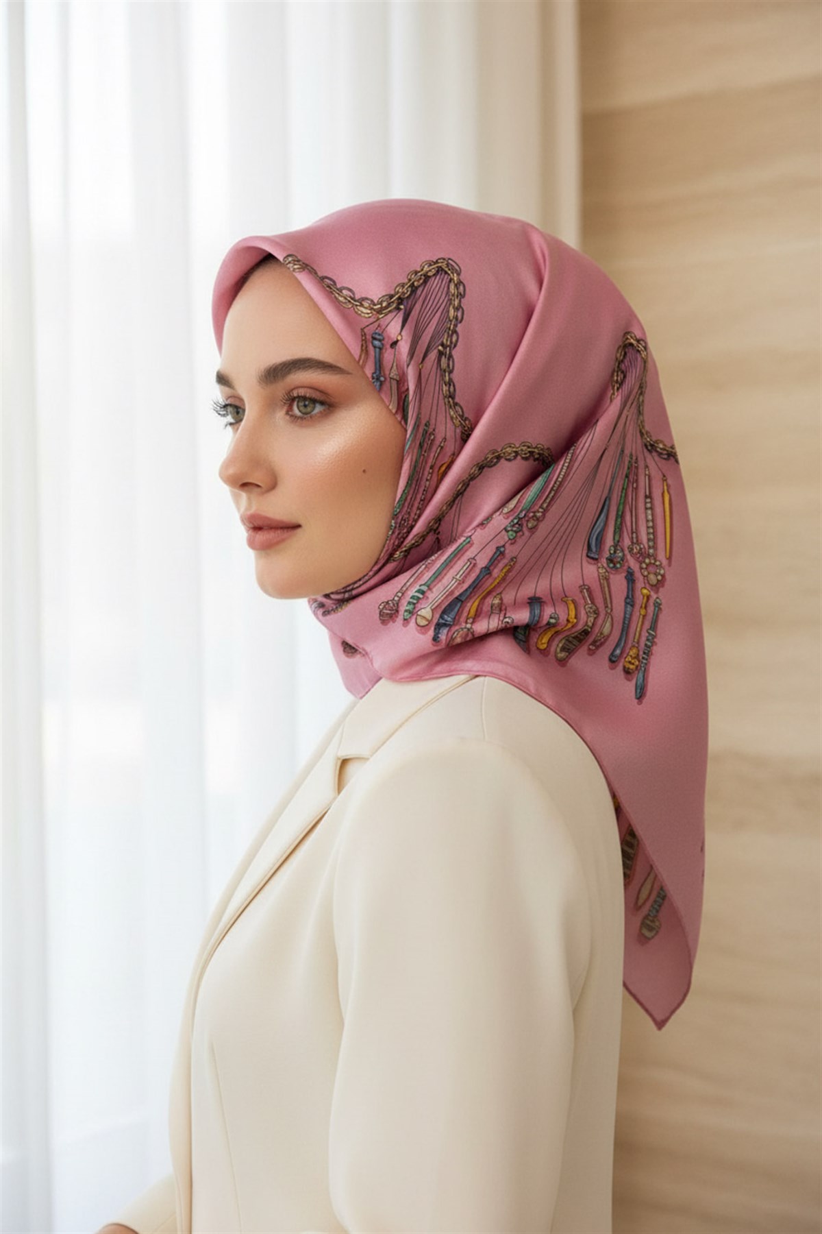 %100 Twill İpek Zincir Desenli Pudra Renkli 90x90 Eşarp Dikim Şekli : El Dikişi