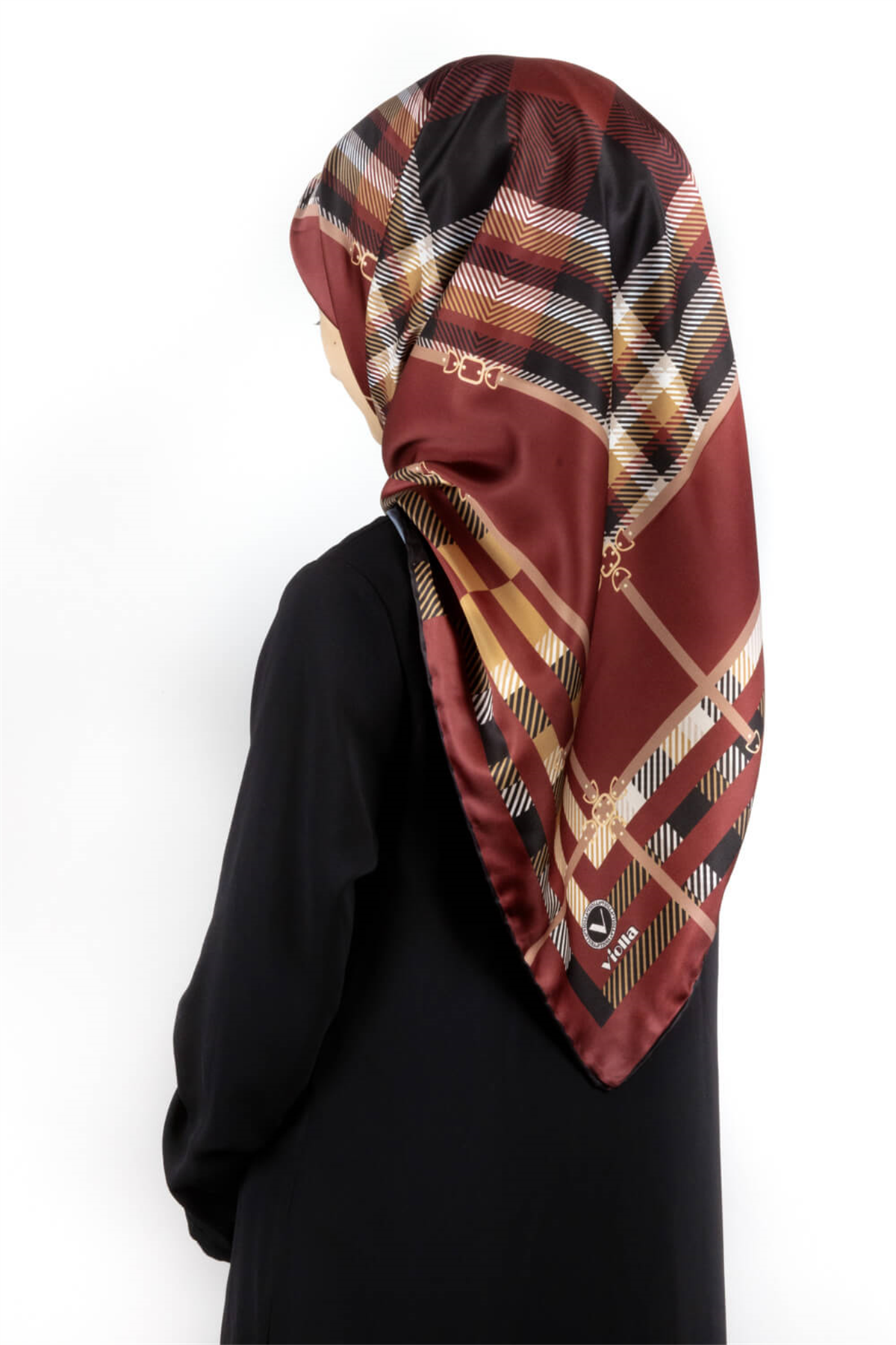Twill Kemerli ve Ekose Desenli Bordo Renkli 90x90 Eşarp (İpek İçermez)Kenar Dikiş Şekli El Dikişli