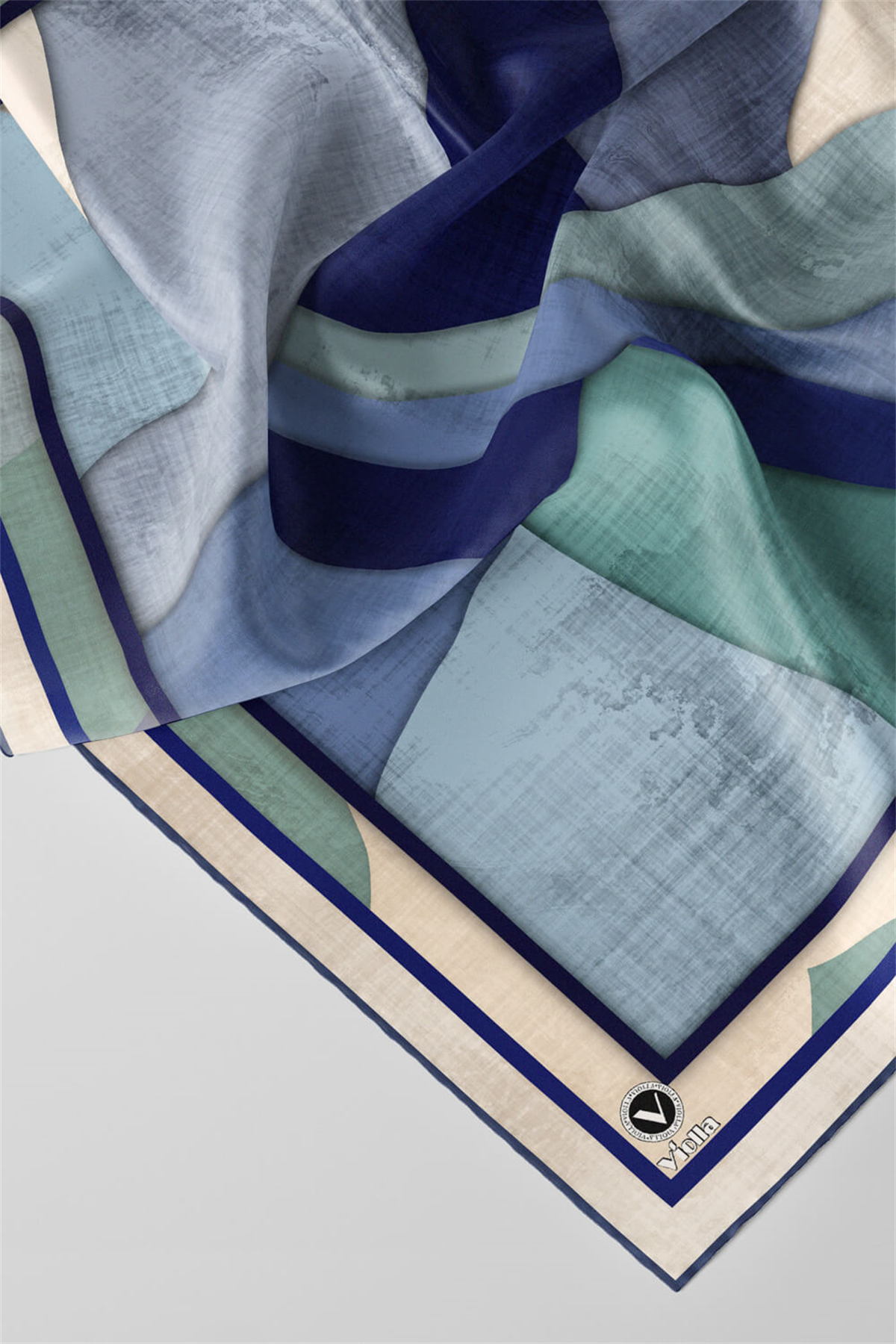 Twill Geometrik Desenli İndigo Renkli 90x90 Eşarp (İpek İçermez) Kenar Dikiş Şekli El Dikişli
