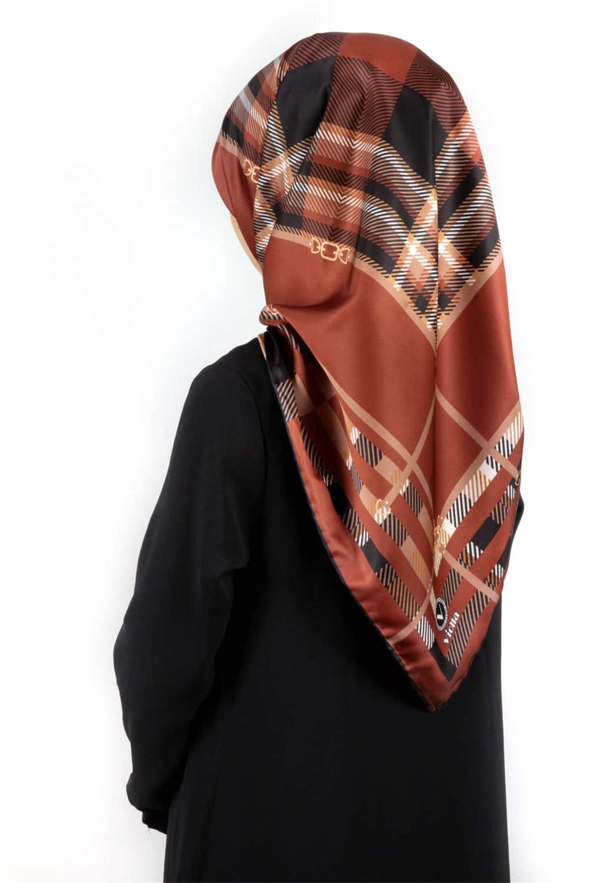 Twill Kemerli ve Ekose Desenli Taba Renkli 90x90 Eşarp (İpek İçermez)Kenar Dikiş Şekli El Dikişli