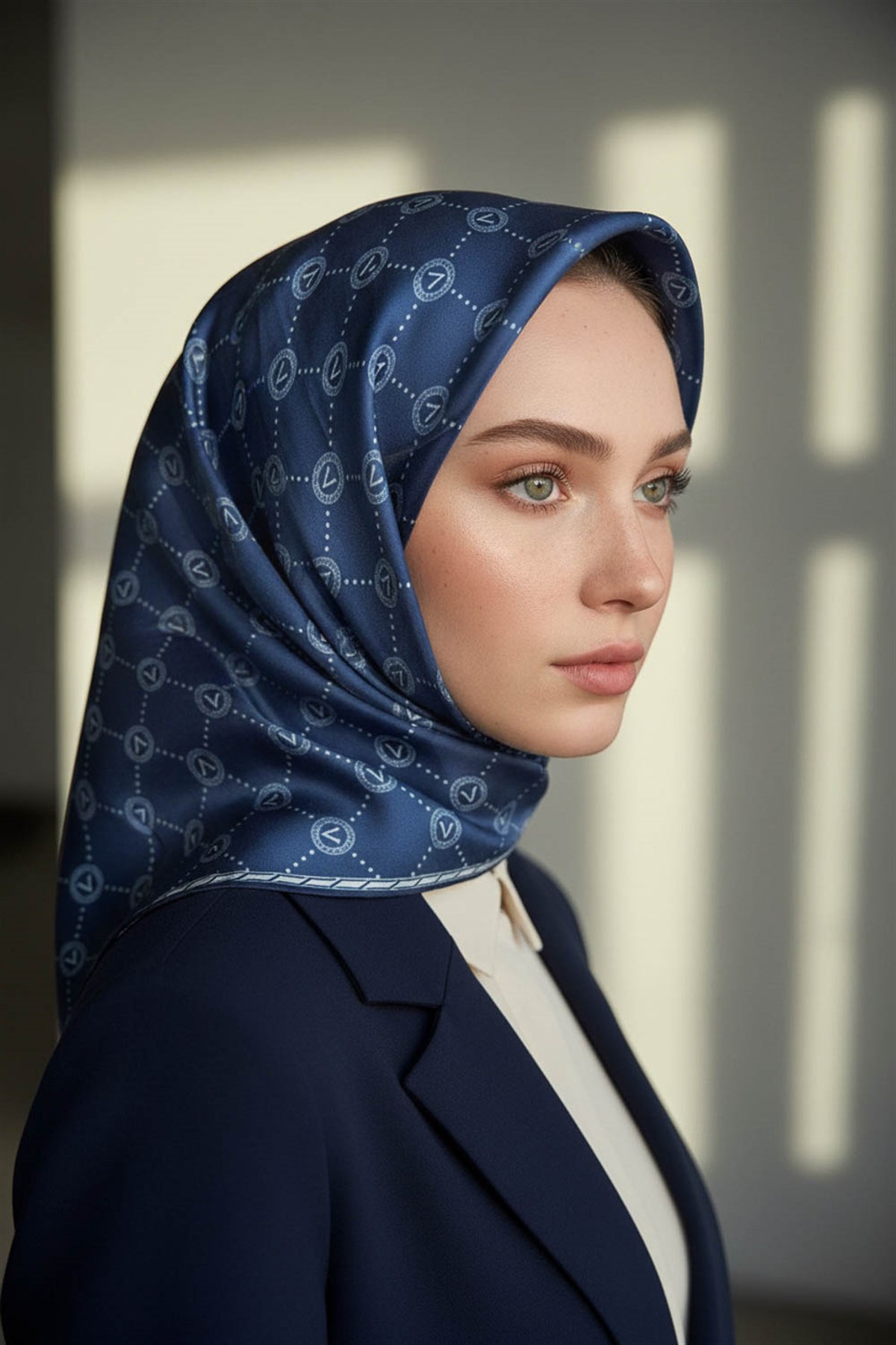 %100 Twill İpek Monogram Desenli İndigo Renkli 90x90 Eşarp Dikim Şekli : El Dikişi