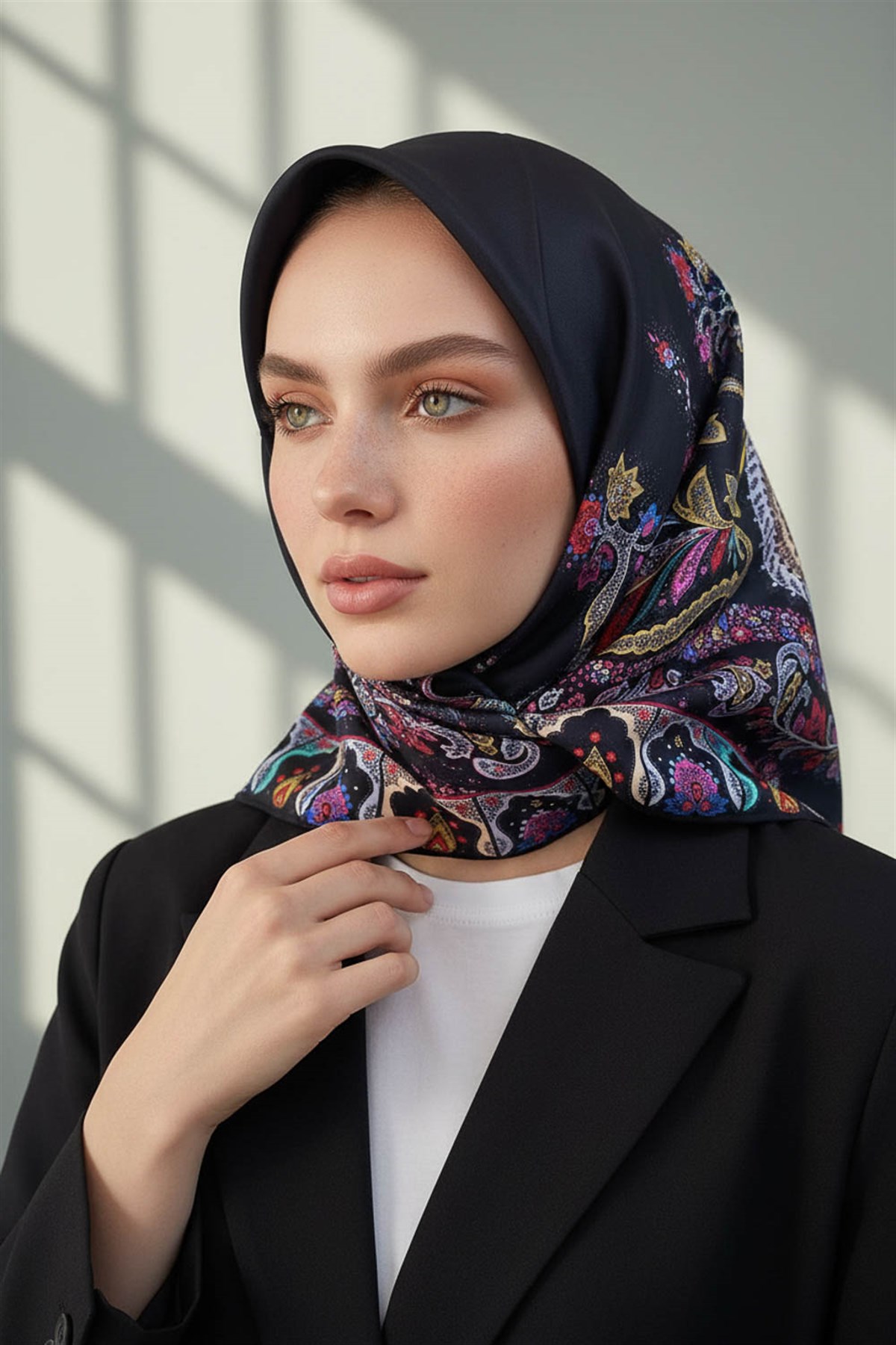 100% Twill İpek Etnik Desenli Siyah - Fuşya Renkli 90x90 Dikim Şekli : El Dikişi Eşarp