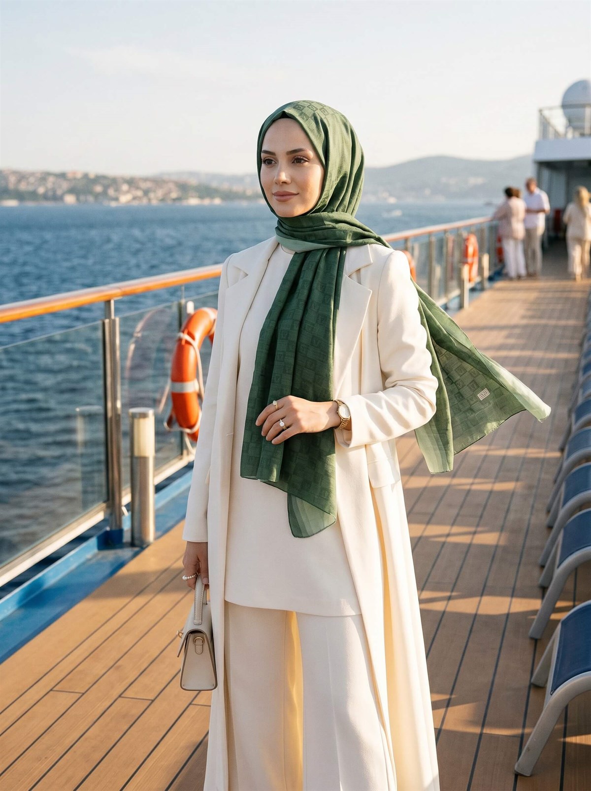 %57 İpek %43 Pamuk Monogram Dokumalı Zümrüğt Yeşili Renkli 70X190 Yumuşak Dökümlü Şal