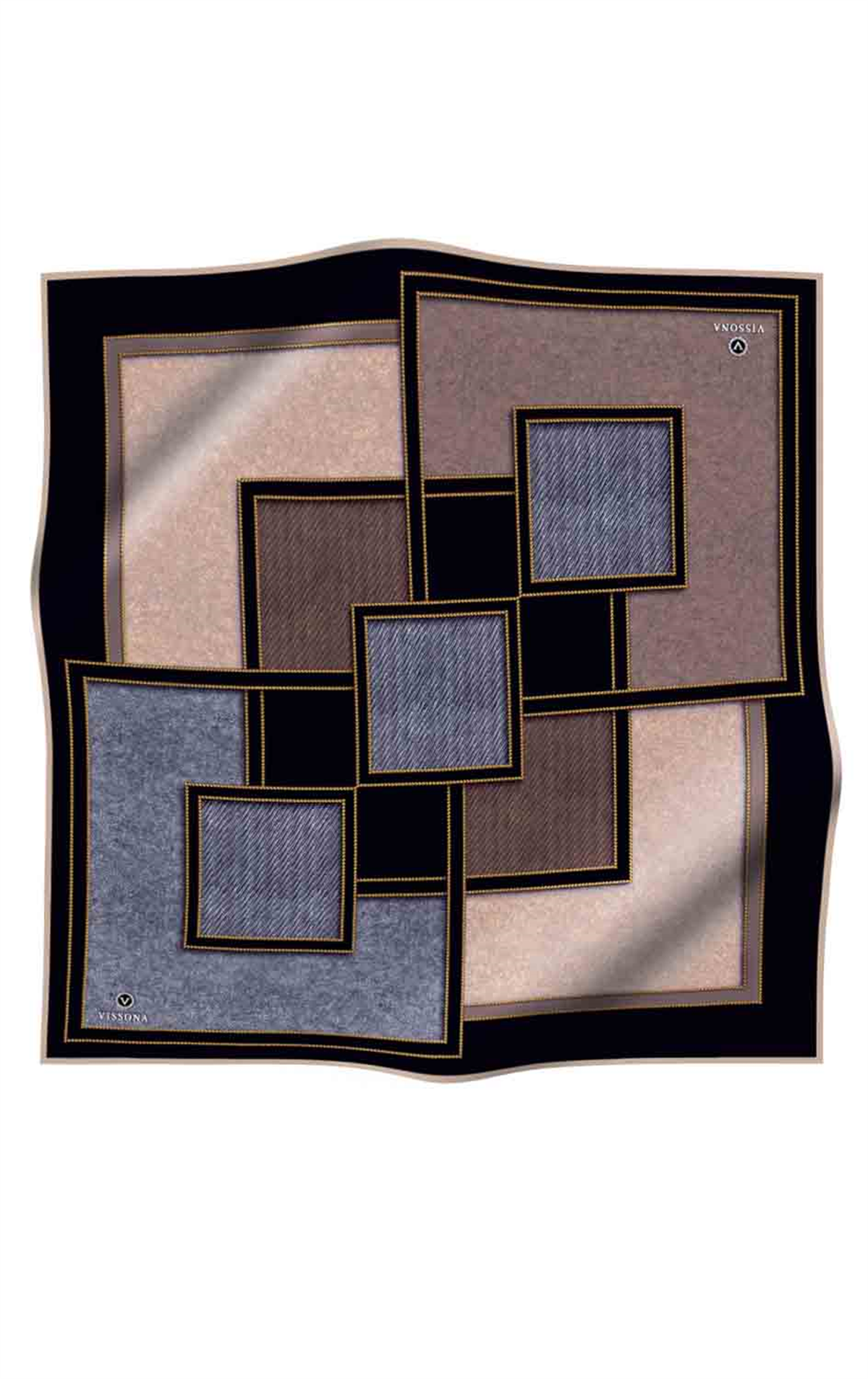 100% Twill İpek Gold Detaylı Kare Desenli Gri - Bej Renkli 90x90 Dikim Şekli : El Dikişi