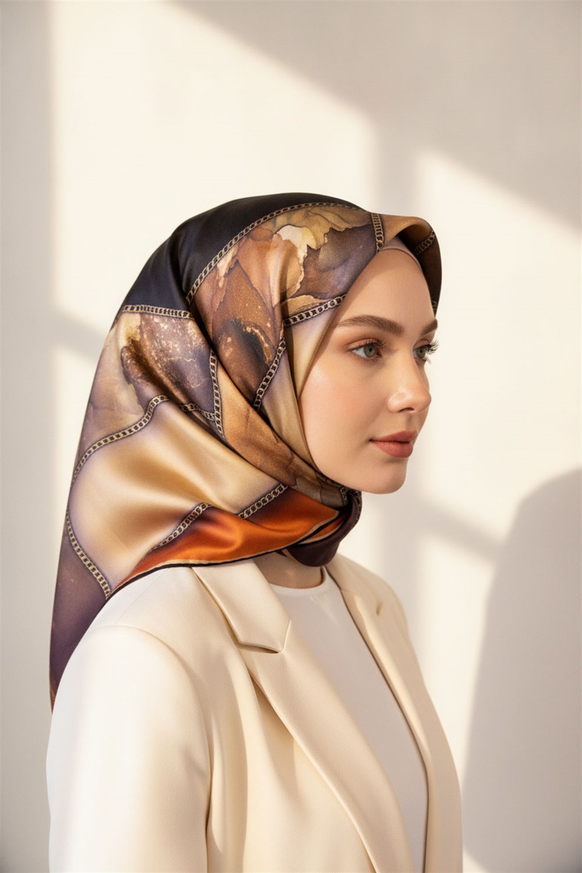 % 57 İPEK % 43 VİSKON Twill İpek Efektli Bant Desenli Taba - Bej Renkli 90x90 Eşarp Dikim Şekli : El Dikişi