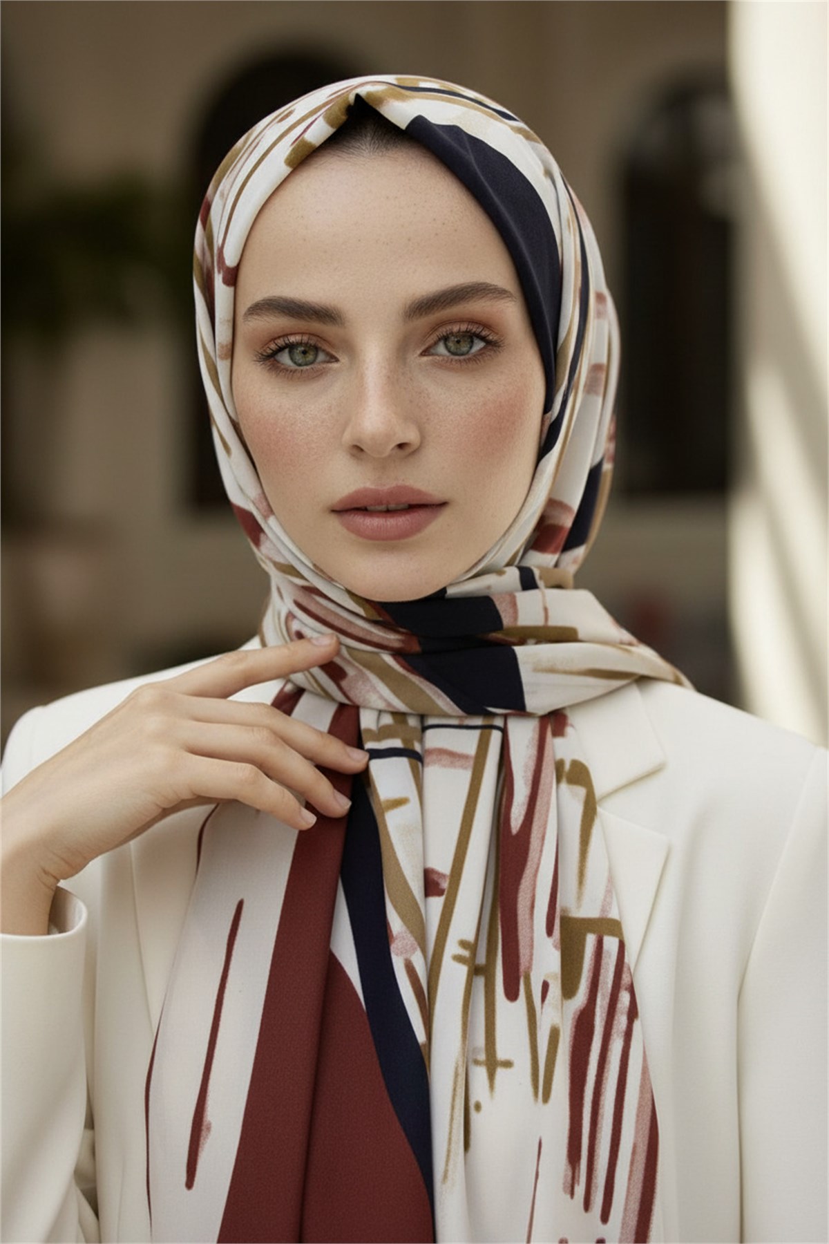 KREP GEOMETRIK DESENLİ BORDO RENKLİ 75X195 KIRIŞMAZ ŞAL