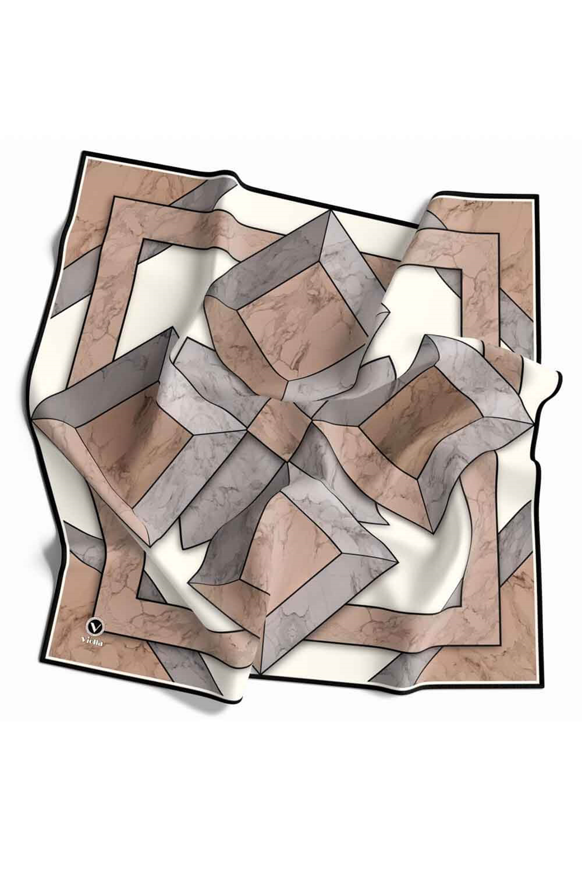 Twill Mermer Desenli Gri - Bej Renkli 90x90 Eşarp (İpek İçermez) Kenar Dikiş Şekli El Dikişli