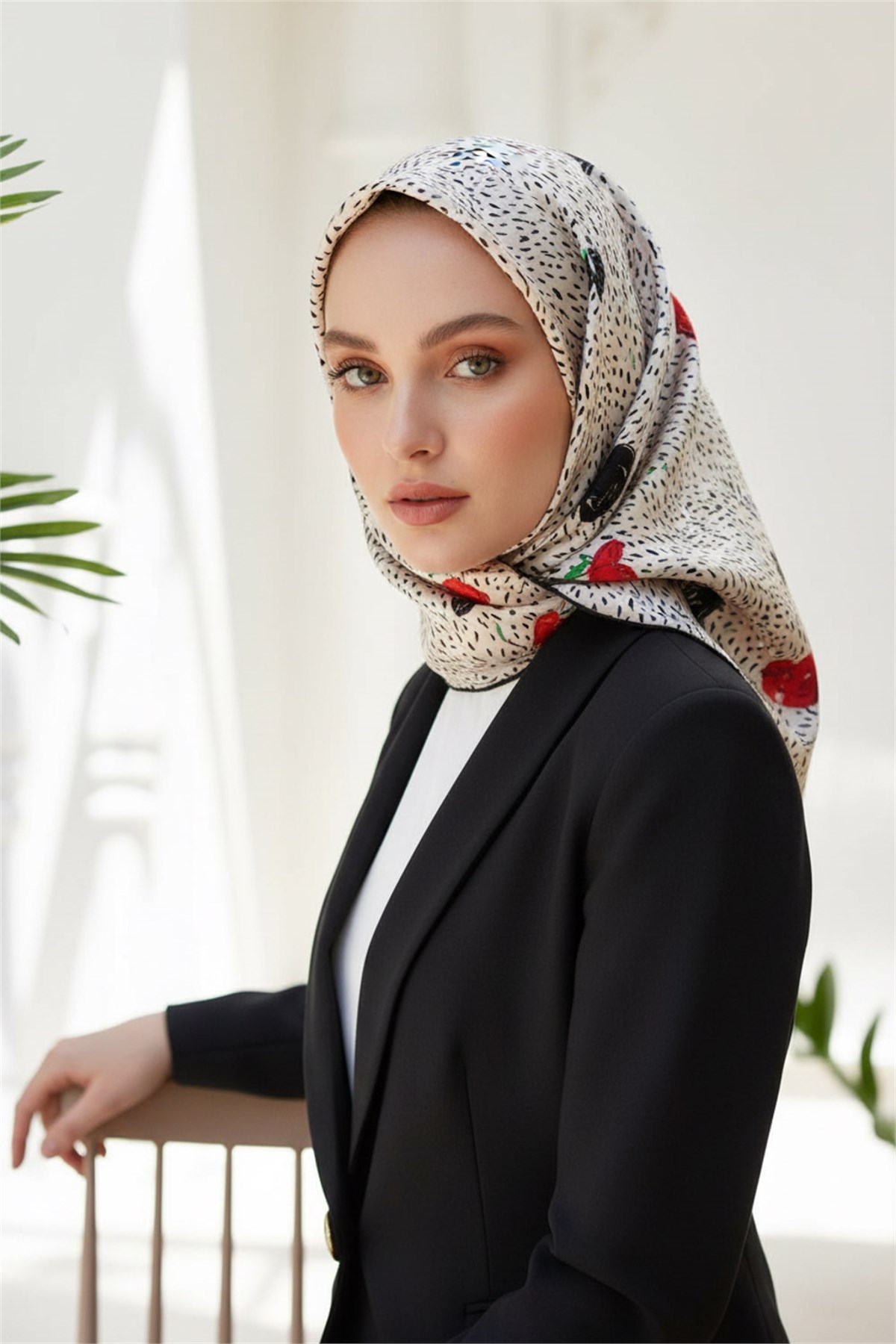 %100 Twill İpek Çıtır Çiçek Desenli Kırmızı - Krem Renkli 90x90 Eşarp Dikim Şekli : El Dikişi