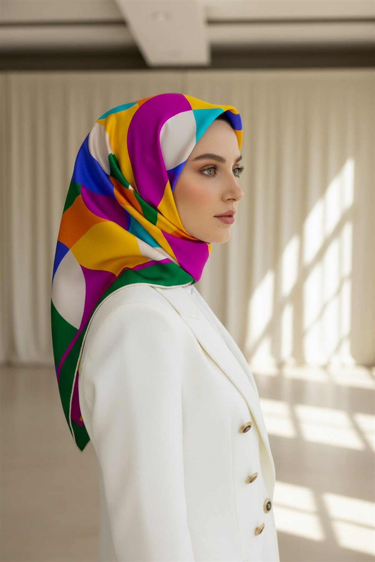 %100 Twill Renk Bloklu Çizgili Desenli Mor - Turuncu Renkli 90x90 Eşarp Dikim Şekli: El Dikişii