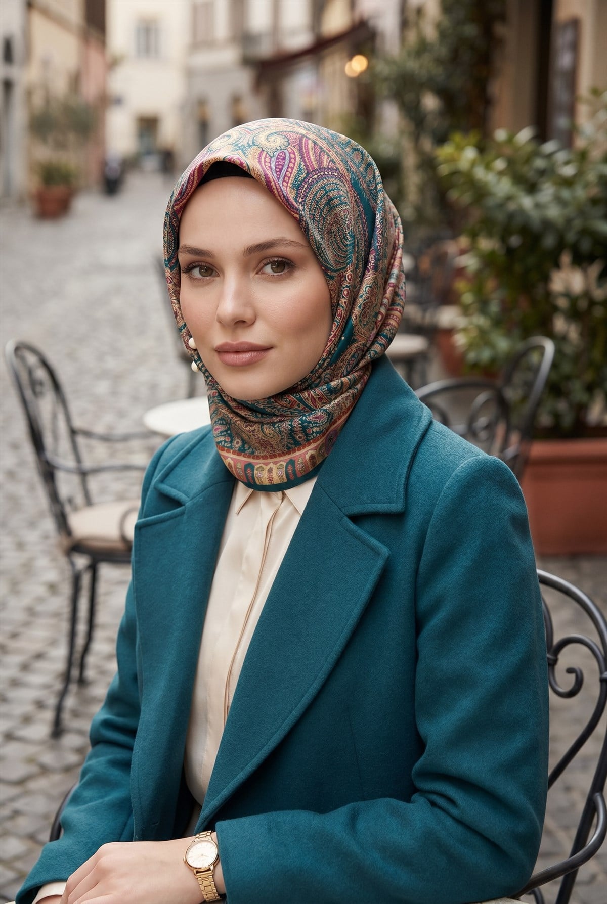 %100 Twill İpek Etro Desenli Petrol Mavisi Renkli 90x90 Eşarp Dikim Şekli : El Dikişi